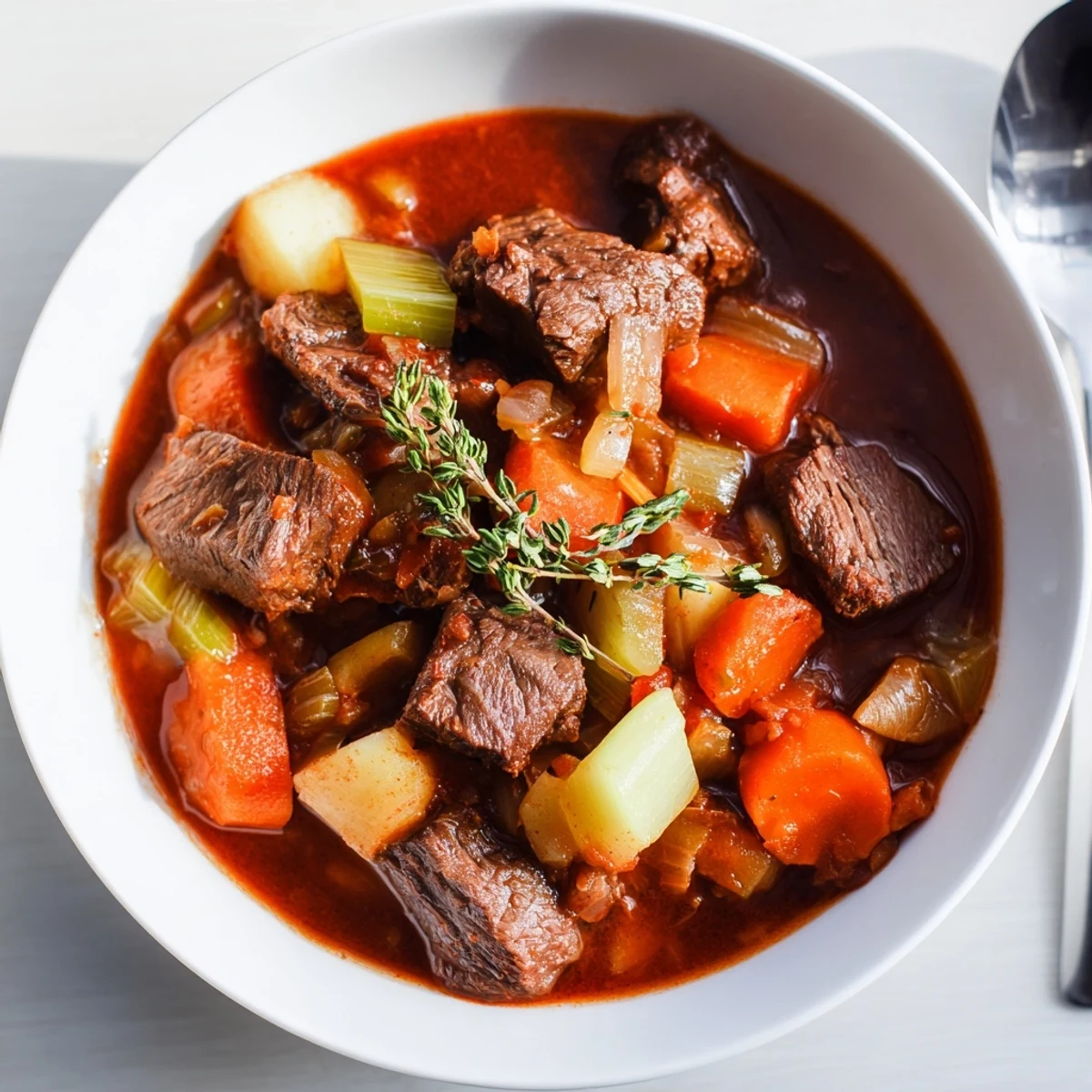 Hearty Spezzatino Di Manzo Italian beef stew served in a rustic bowl, garnished with fresh herbs and crusty bread