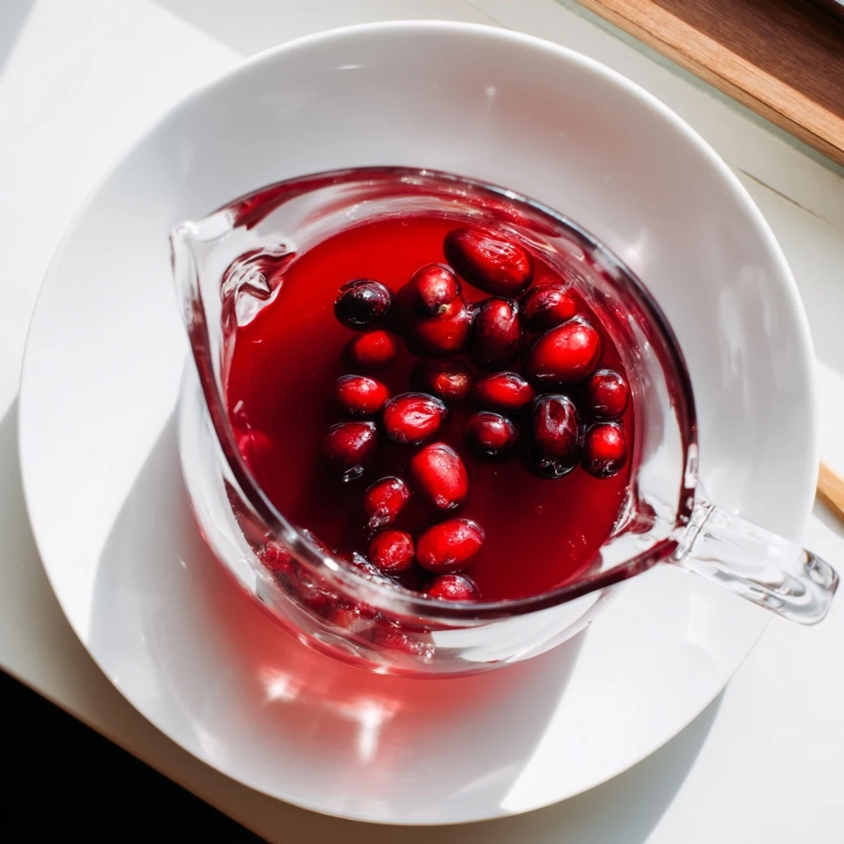 Deep red cranberry syrup pours from glass jar onto stack of golden waffles