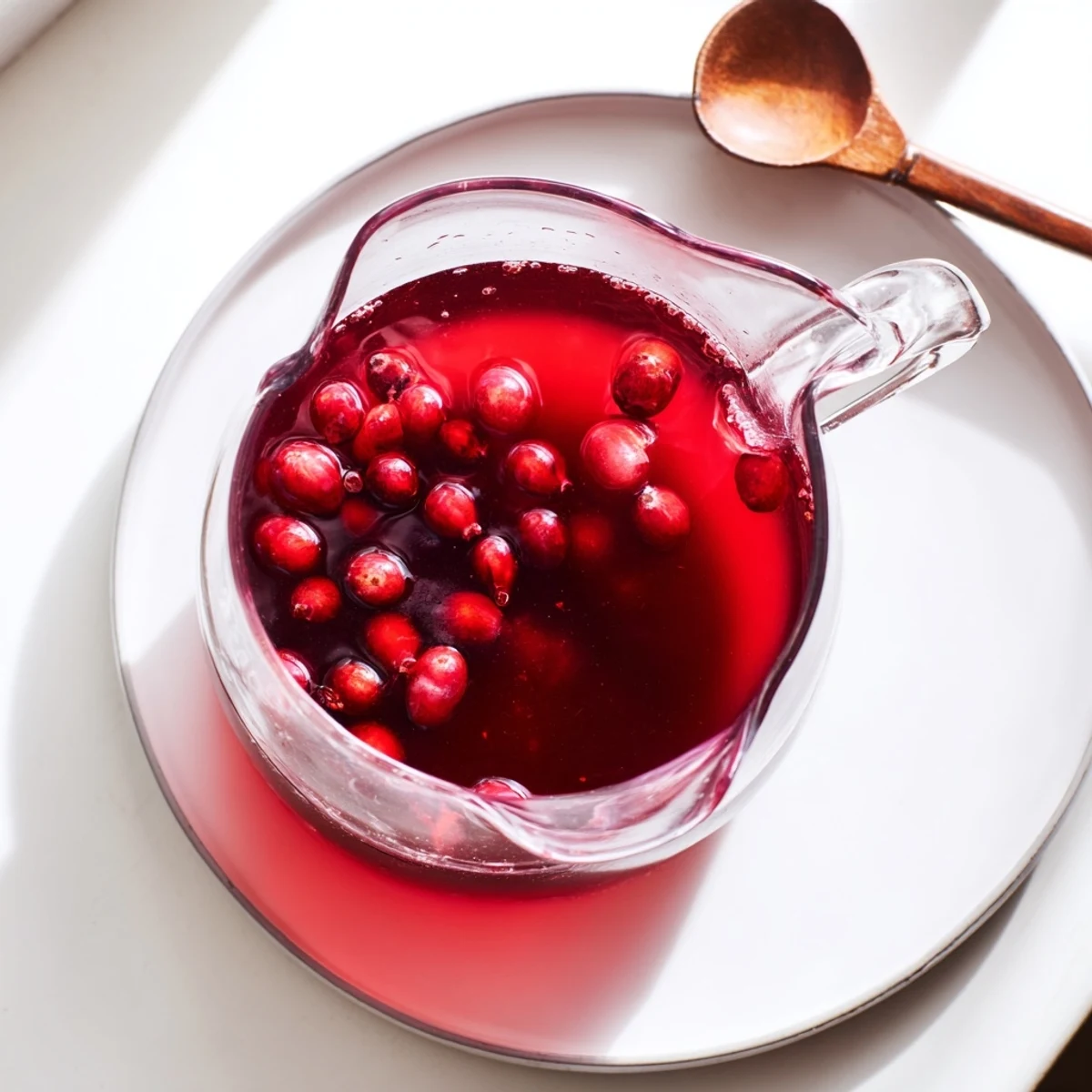 Tangy cranberry syrup in clear serving bowl alongside cocktail with orange garnish