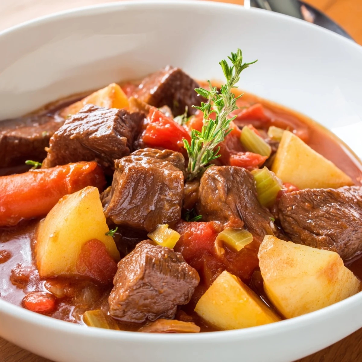 Hearty Spezzatino Di Manzo Italian beef stew steaming with rosemary, served with crusty bread