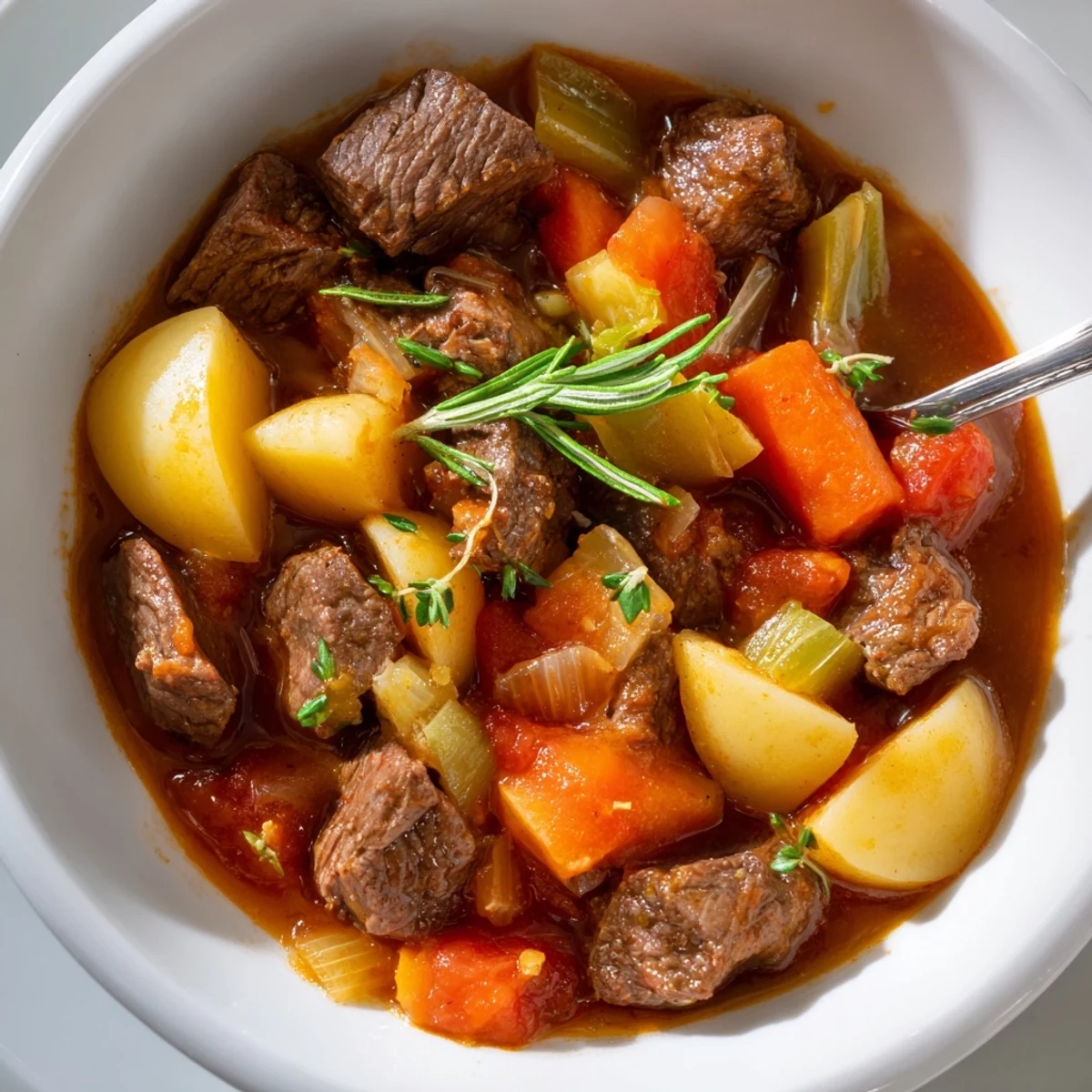Bowl of Spezzatino Di Manzo Italian beef stew with potatoes, carrots, aromatic herbs
