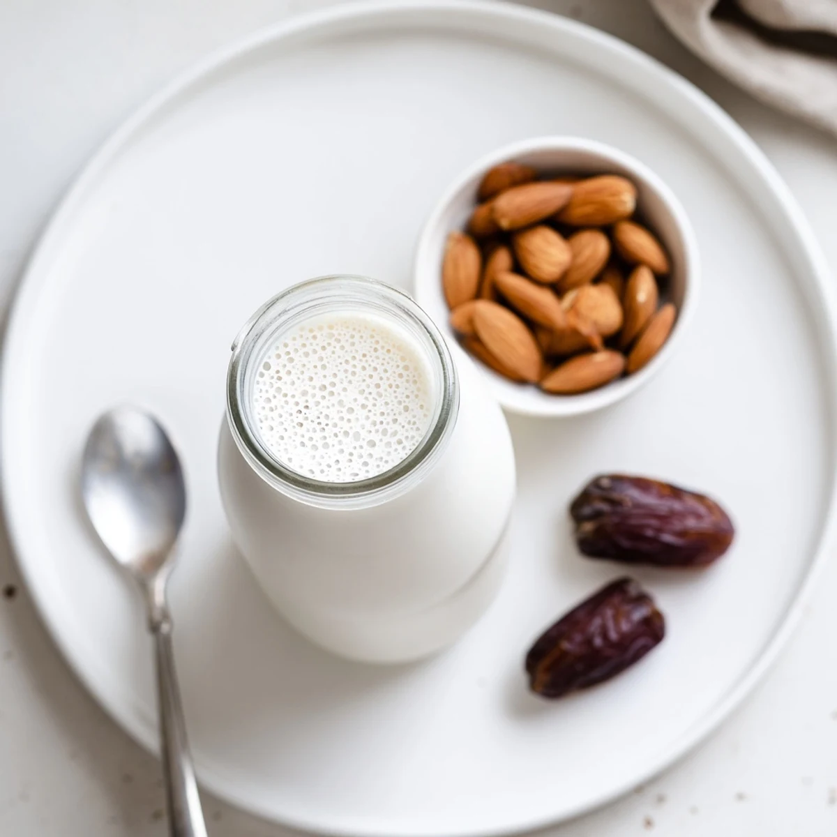 Silky homemade Almond Milk in glass jar, poured over morning cereal.