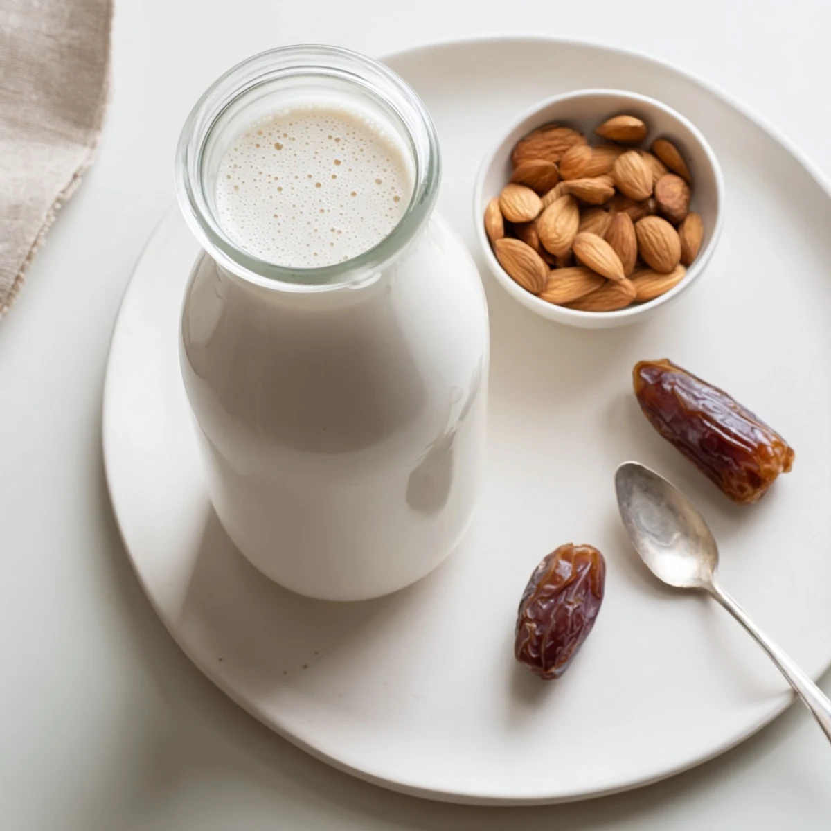 Creamy almond milk strained through cheesecloth, fresh aroma, chilled jar.