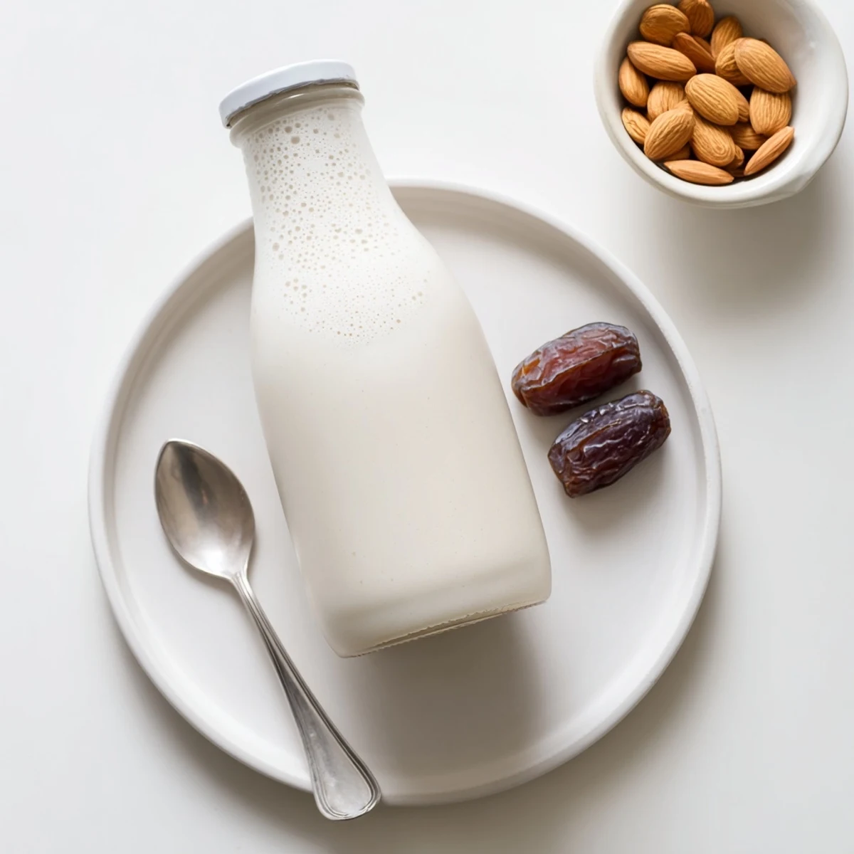 Frothy Almond Milk blended with dates and vanilla, ready to drink.