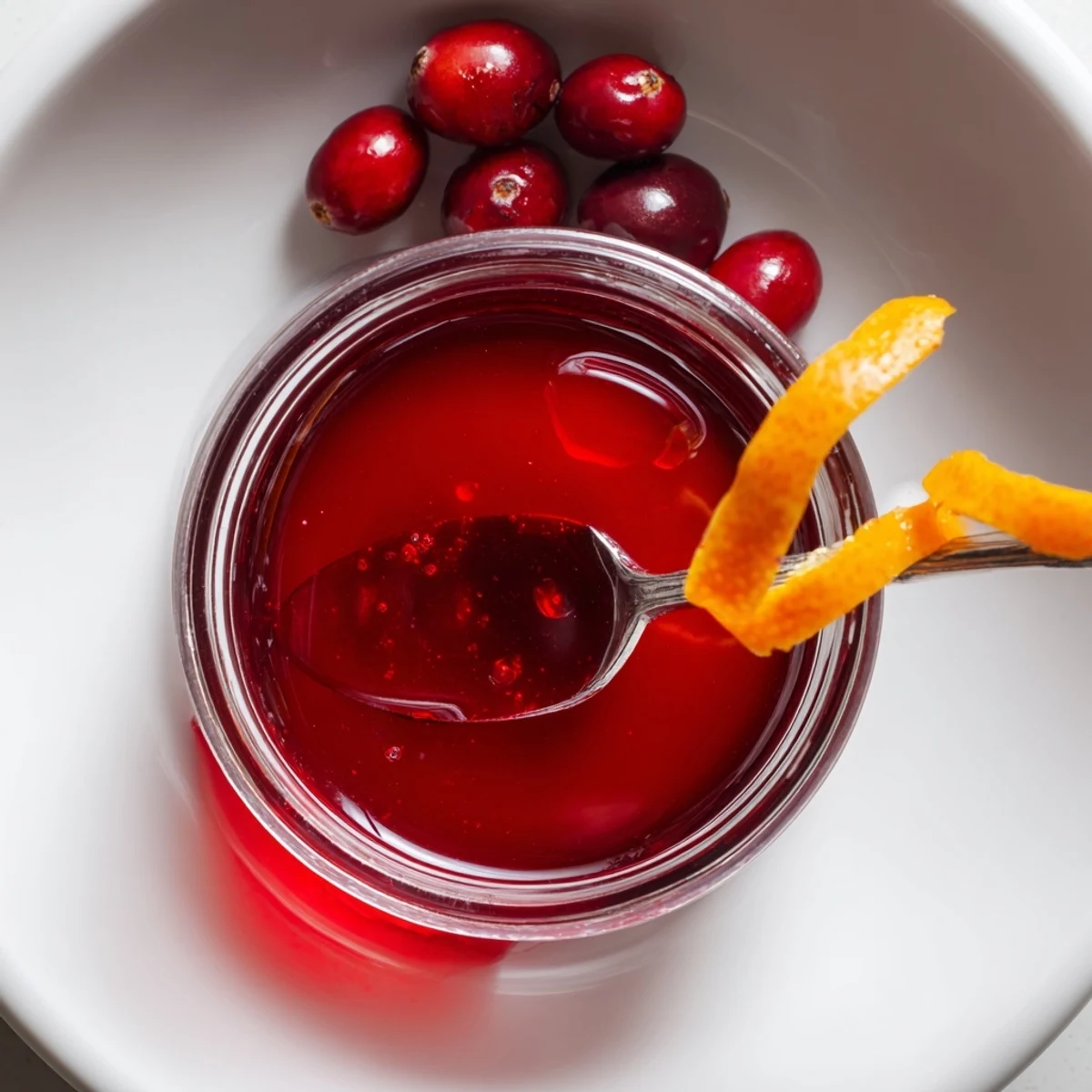 Warm Cranberry Syrup simmering in saucepan, bursting berries and sweet steam