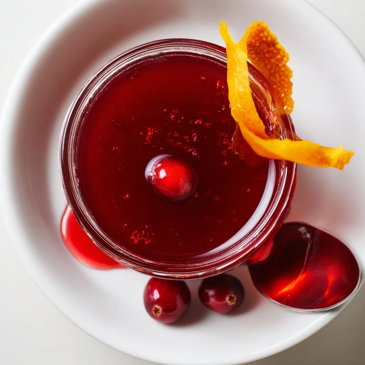 Bottle of Cranberry Syrup beside pancakes and cocktail, glossy pourable red