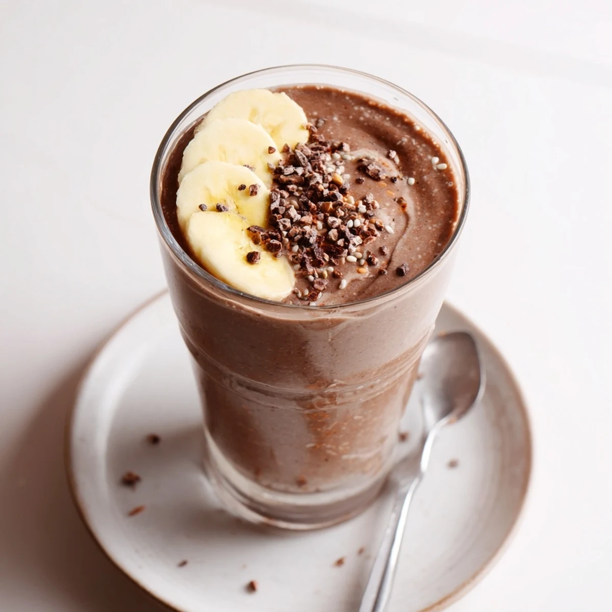 Creamy Raw Chocolate Banana Shake topped with sliced banana and cacao nibs