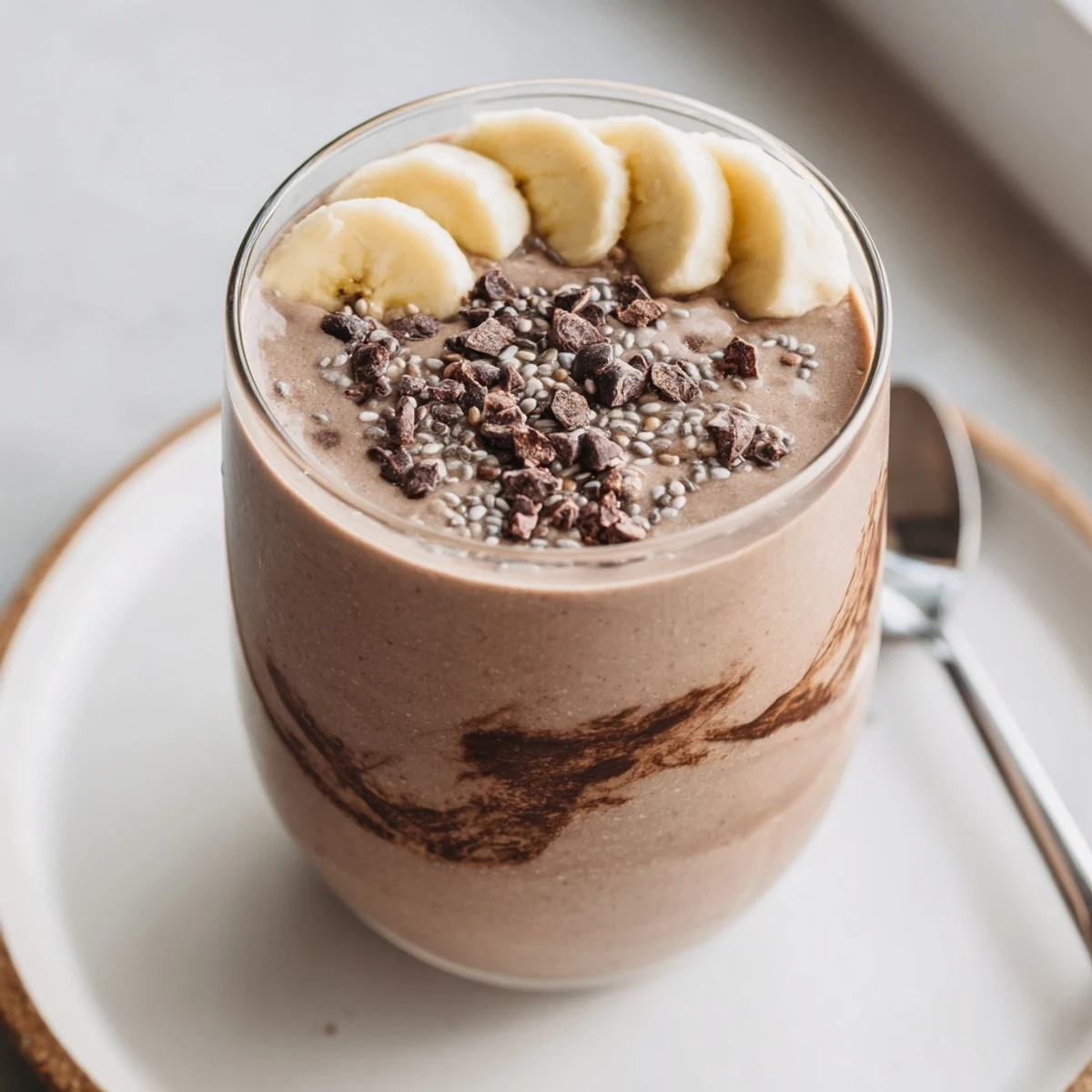 Chilled Raw Chocolate Banana Shake in tall glass, velvety texture, breakfast-ready