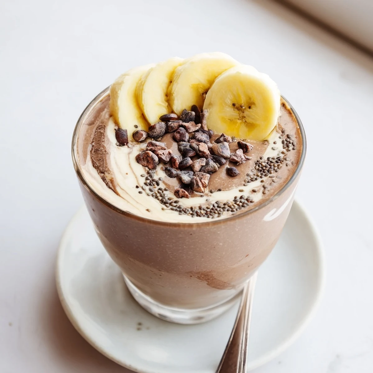 Thick Raw Chocolate Banana Shake blended with frozen bananas, nutty almond milk
