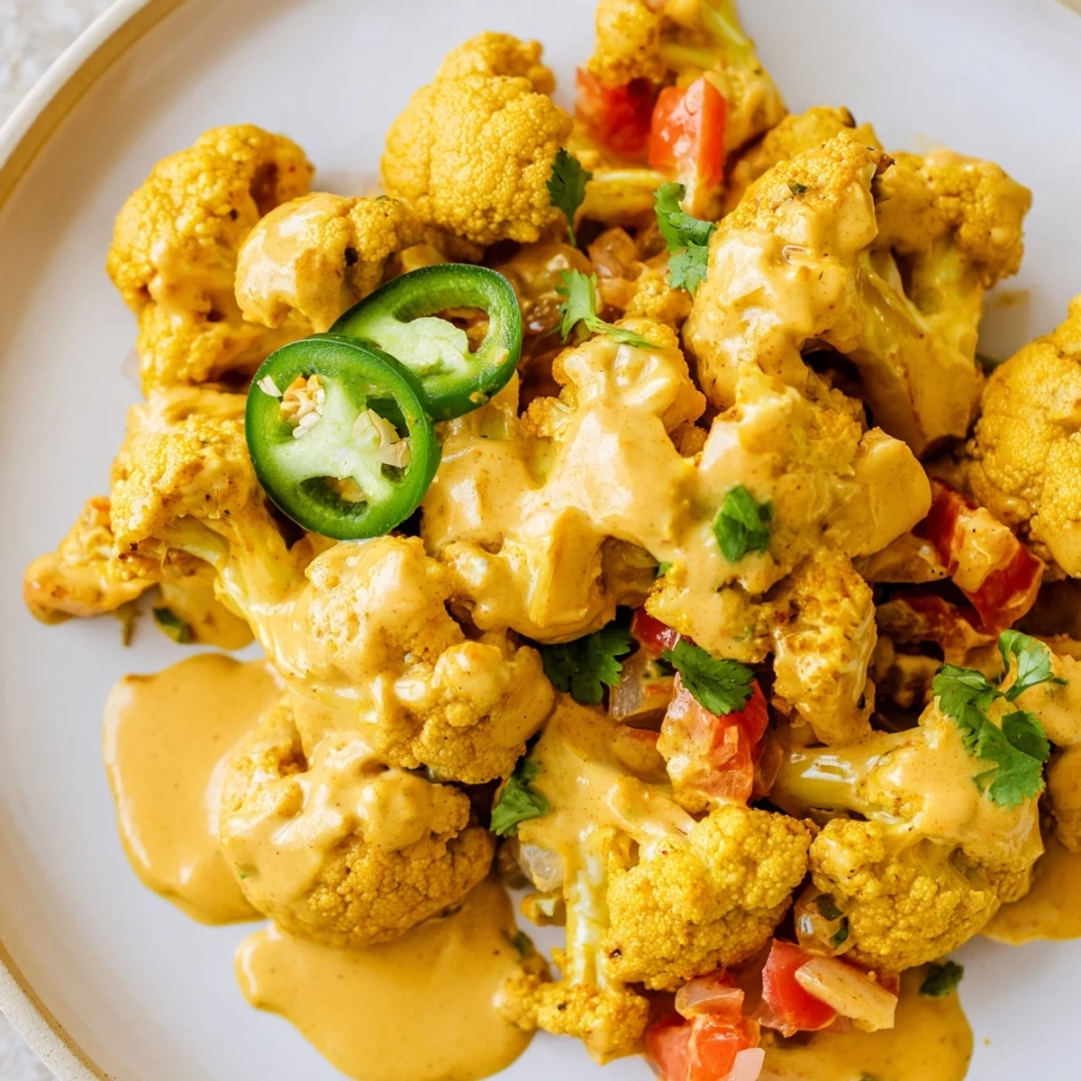 Creamy Greek Yogurt Cauliflower Curry in a golden bowl with fresh cilantro garnish