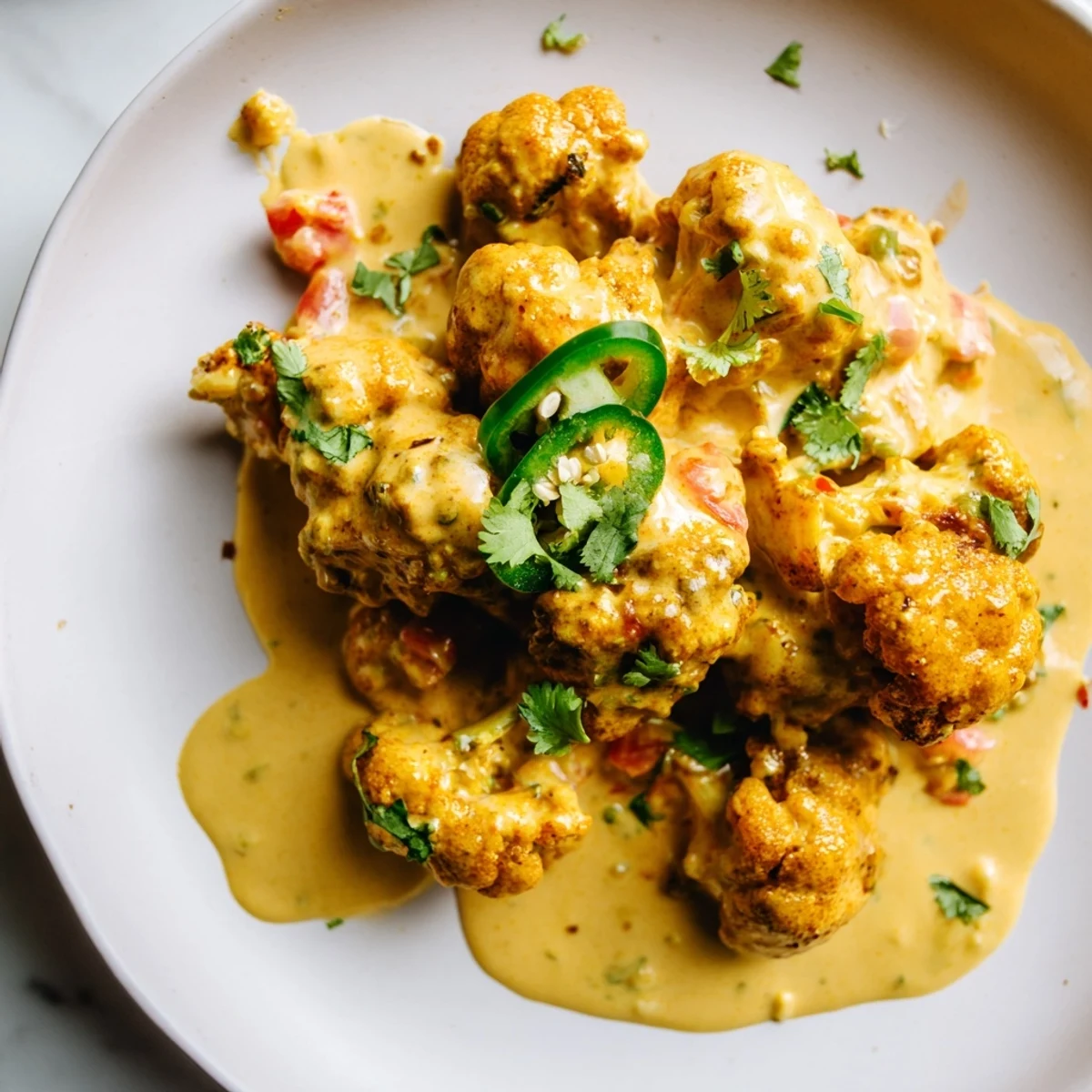 Tender cauliflower florets coated in a tangy Greek Yogurt Cauliflower Curry sauce