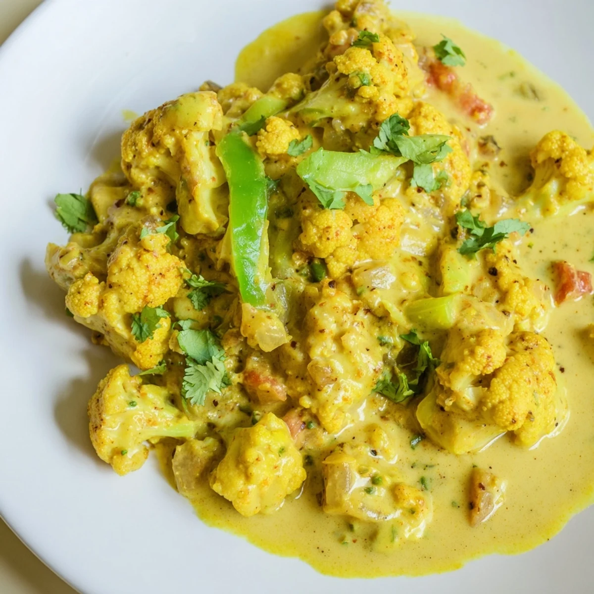 Warm bowl of Greek Yogurt Cauliflower Curry served alongside fluffy basmati rice