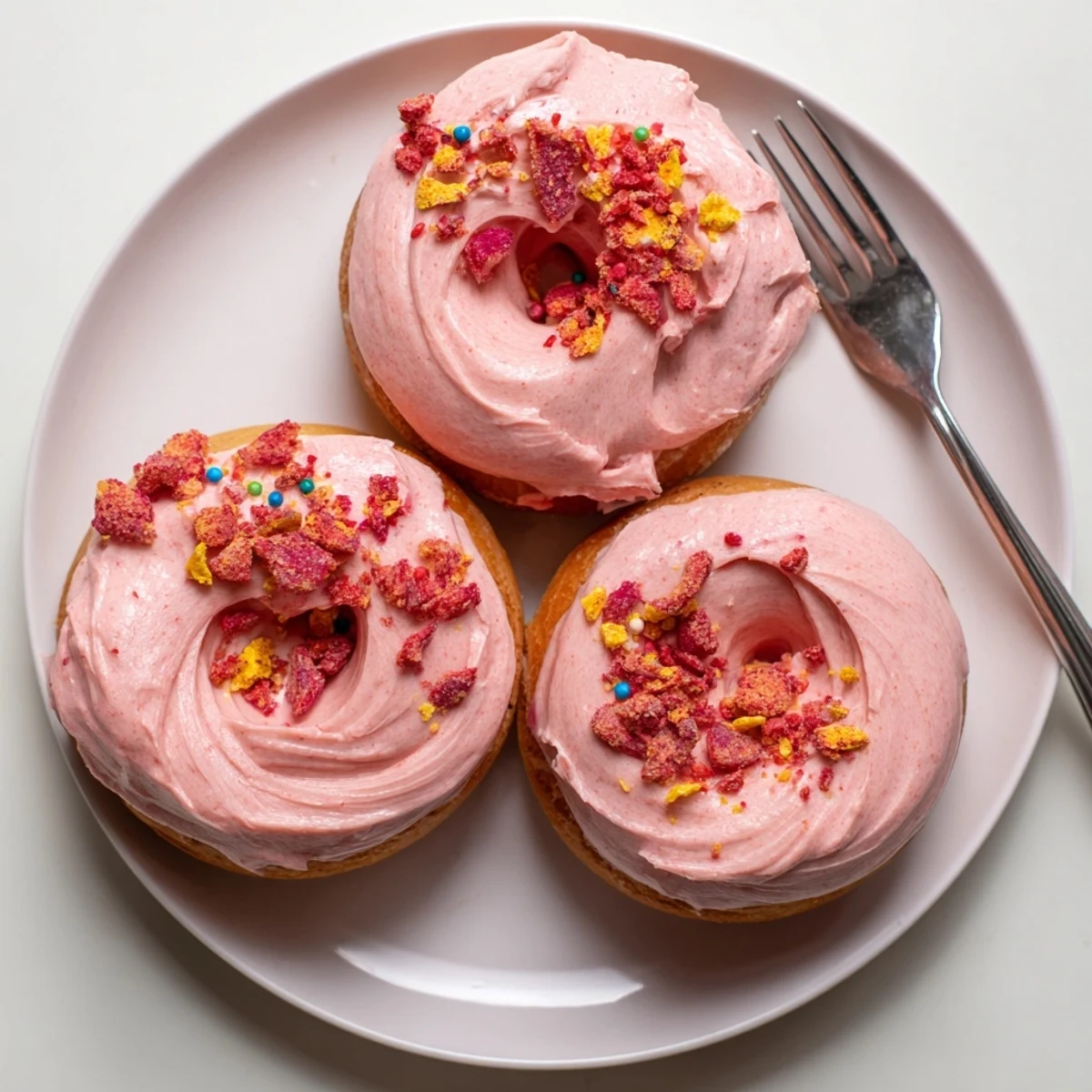 Pink strawberry buttercream frosted donuts topped with crunchy freeze-dried berry pieces on a rustic plate