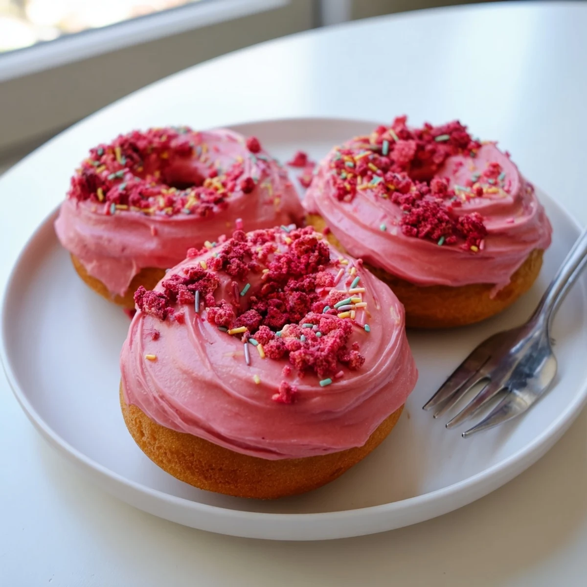 Golden baked strawberry buttercream frosted donuts piped with swirly pink frosting and colorful rainbow sprinkles