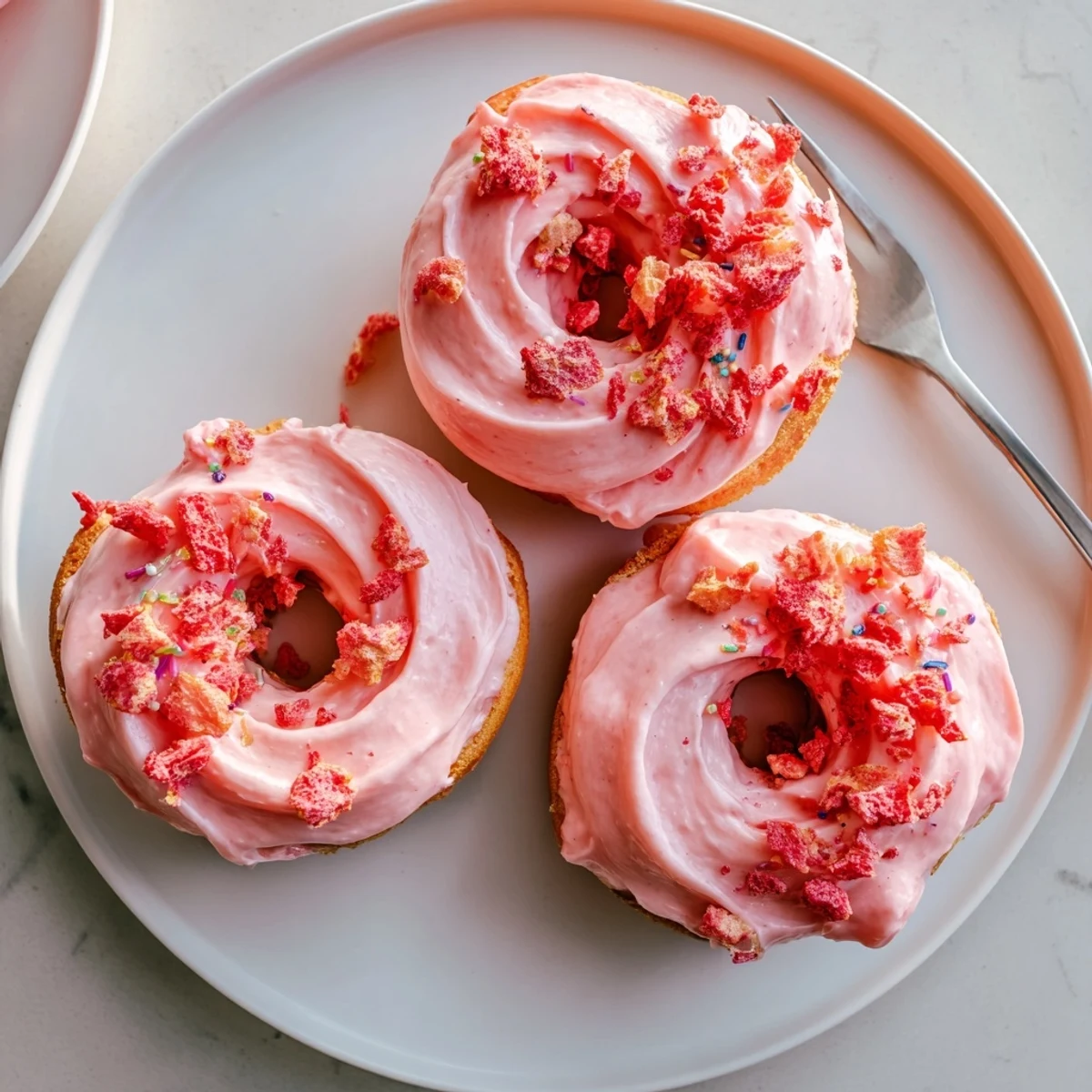 A dozen glossy strawberry buttercream frosted donuts arranged on a wire cooling rack ready to serve