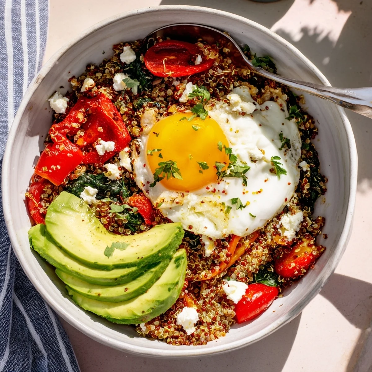 Fluffy savory quinoa breakfast bowl topped with a golden fried egg and fresh herbs