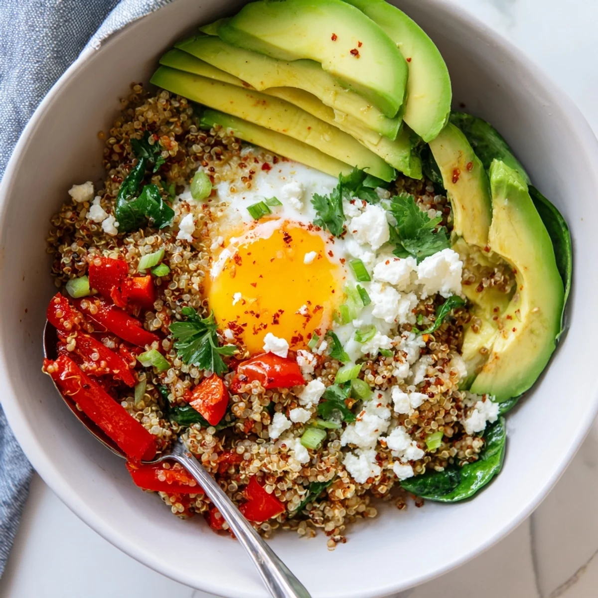 Warm savory quinoa breakfast bowl with sautéed peppers, wilted spinach, and creamy avocado slices