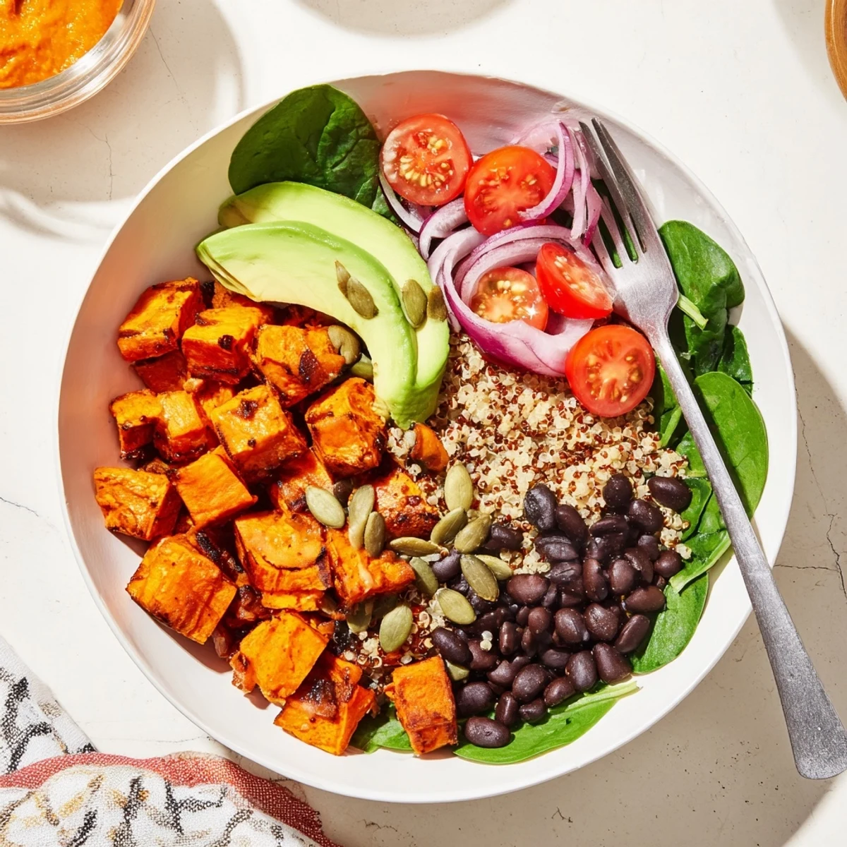 Colorful sweet potato bowl with creamy avocado and tahini dressing on rustic surface