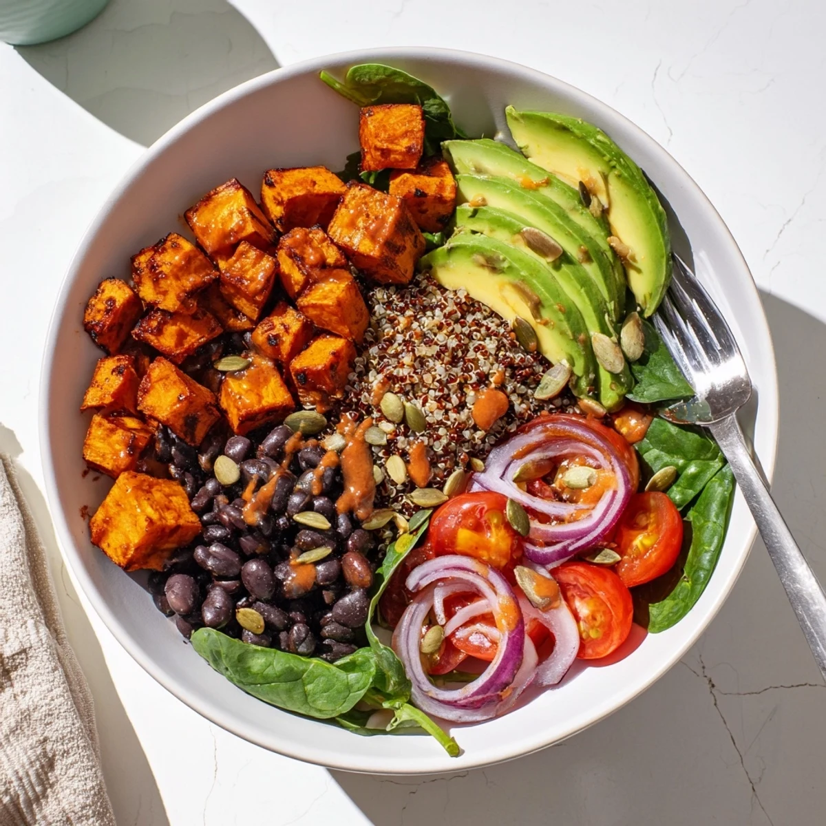 Smoky sweet potato bowl served over quinoa with bright vegetables and pumpkin seeds