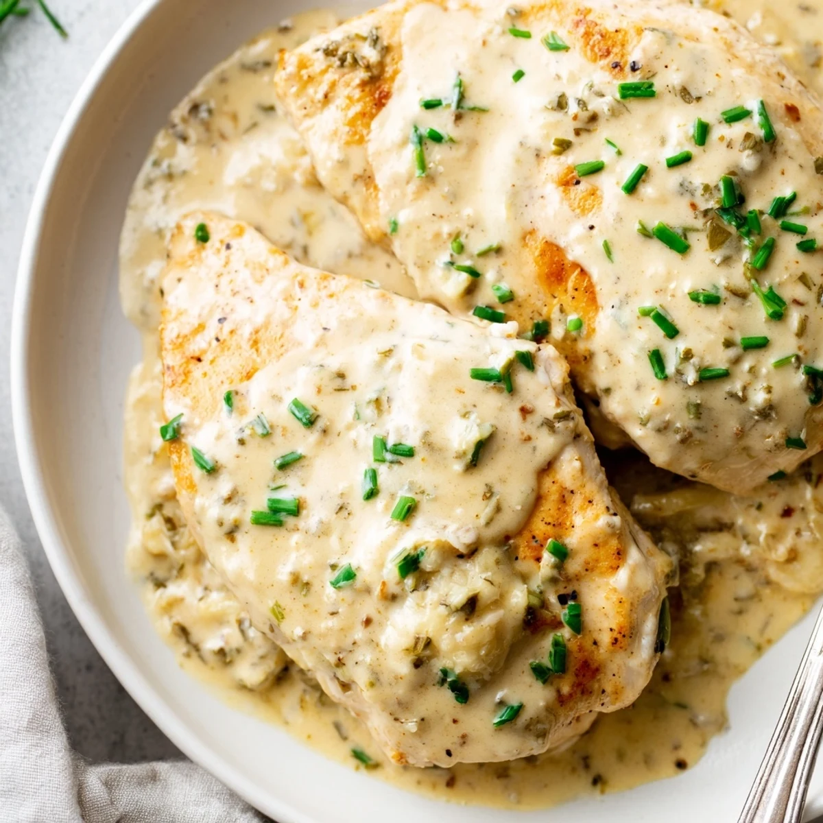 Creamy cream cheese chicken nestled in a golden garlic herb sauce