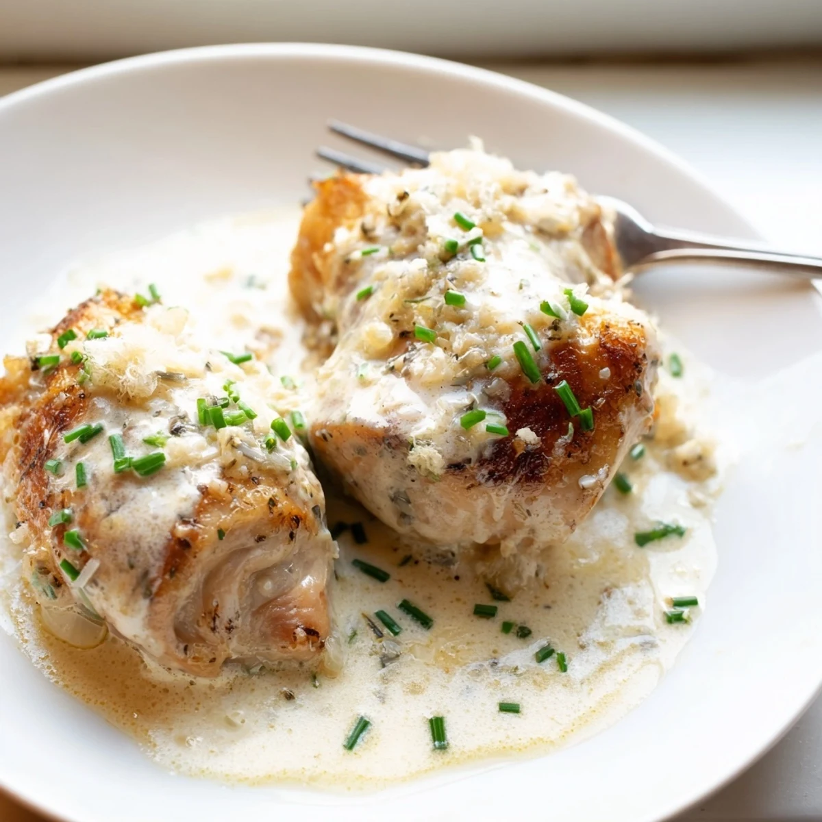 Juicy cream cheese chicken breasts coated in velvety sauce served steaming hot