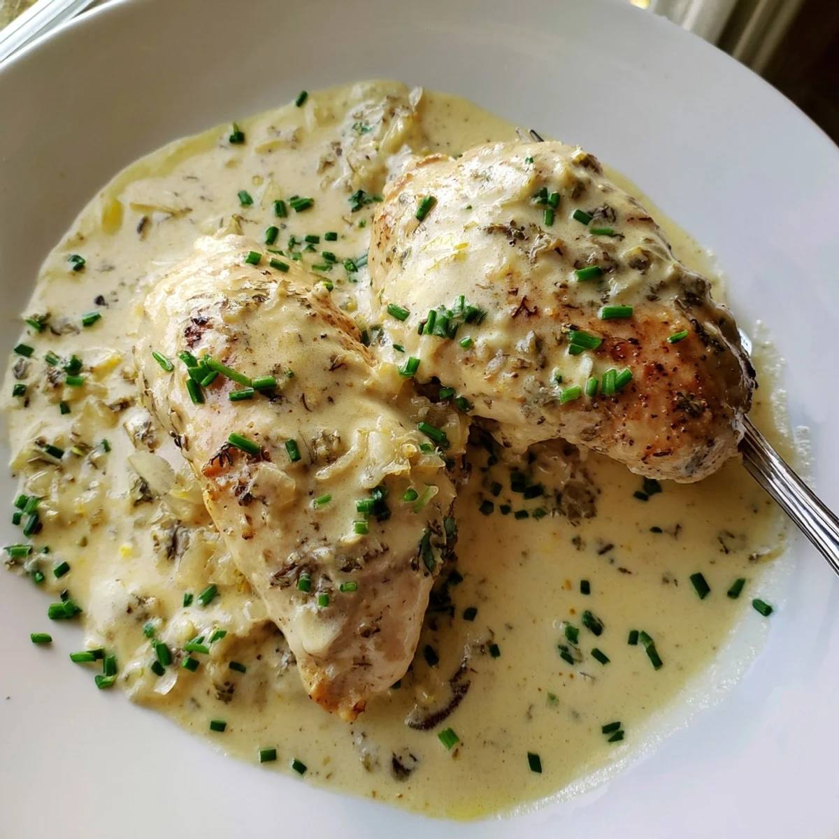 Tender cream cheese chicken smothered in rich Parmesan sauce with fresh chives