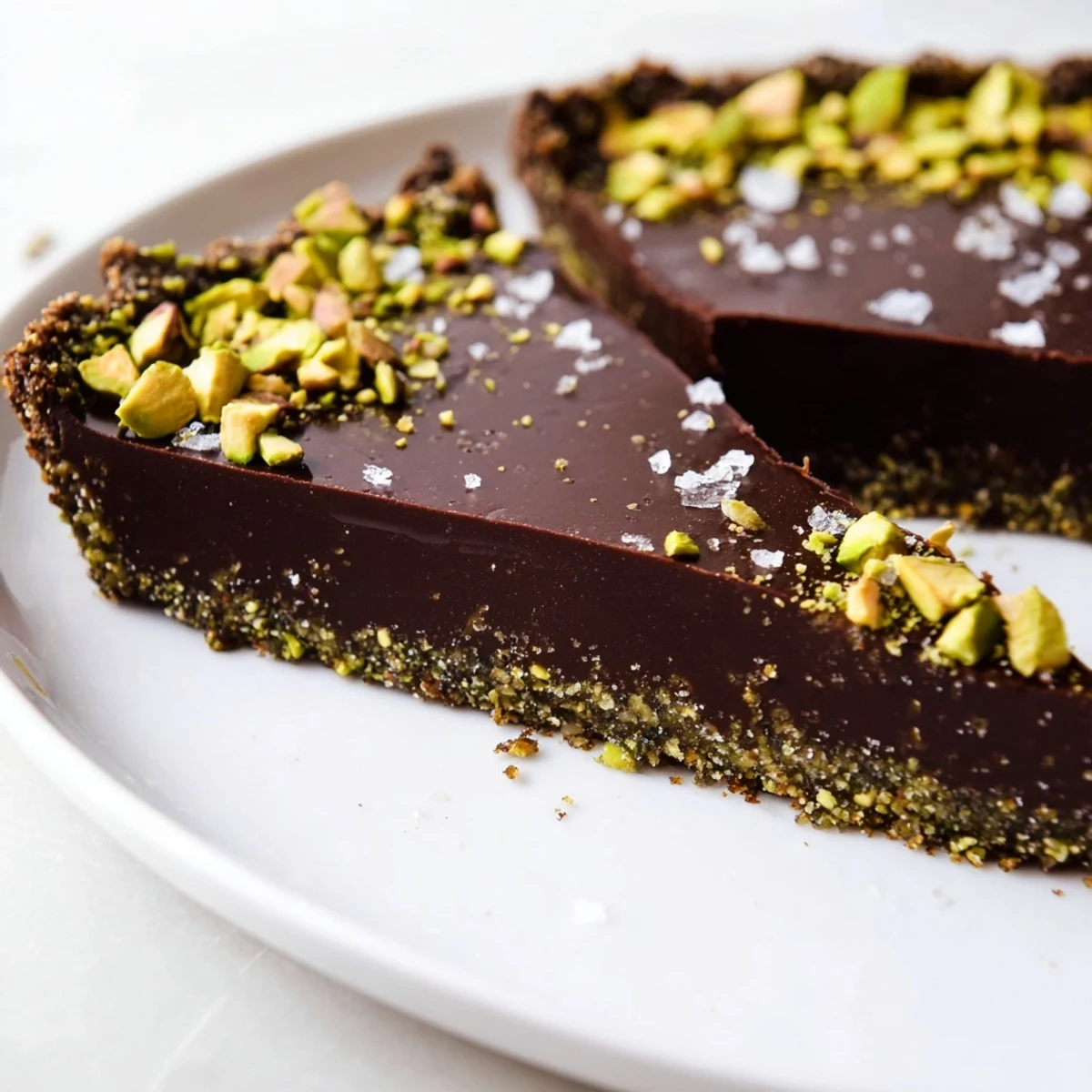 Dark chocolate pistachio tart with silky ganache filling in a buttery green crust