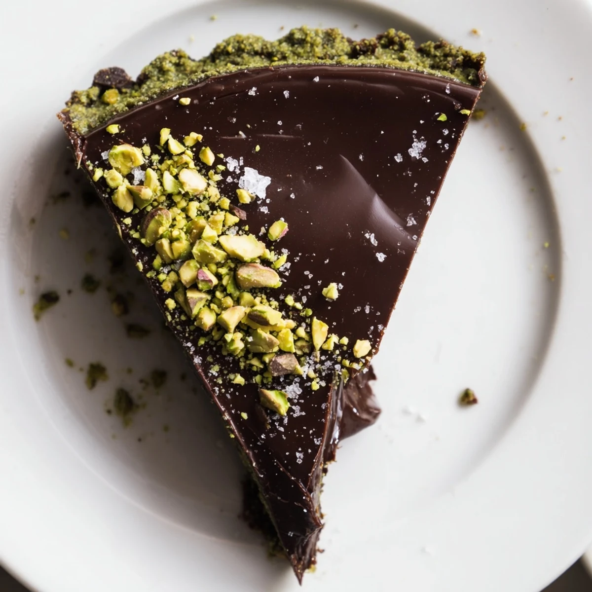 Elegant dark chocolate pistachio tart on a white plate dusted with powdered sugar
