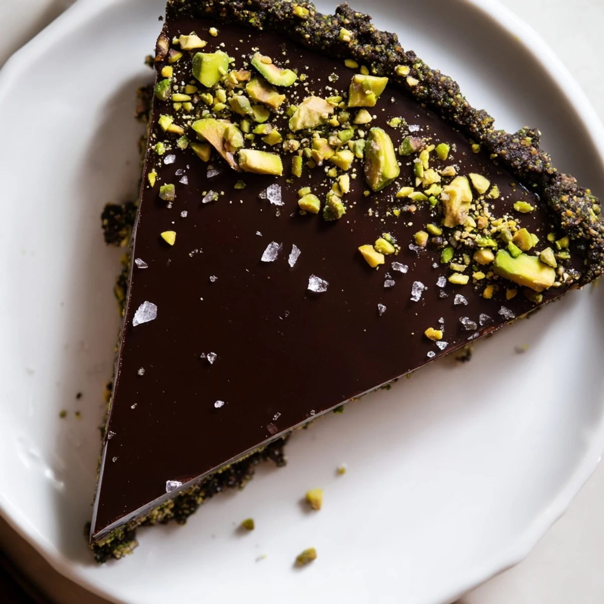 Glossy dark chocolate pistachio tart sliced and topped with crushed nuts and sea salt