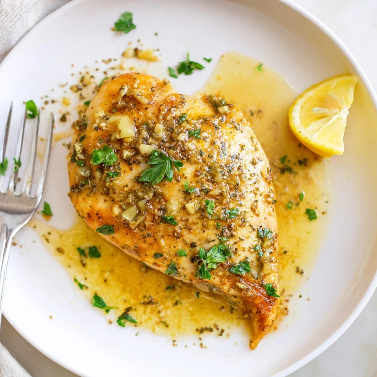 Golden garlic butter baked chicken breast glistening in a rustic baking dish with fresh parsley