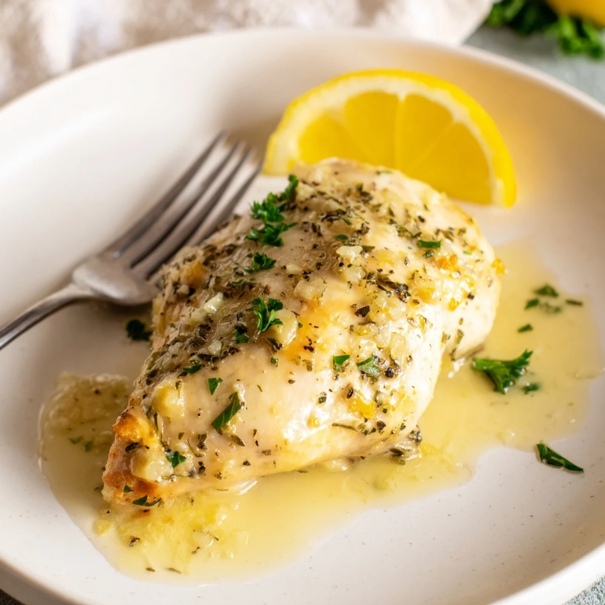 Juicy garlic butter baked chicken breast sliced open revealing tender meat alongside bright lemon wedges