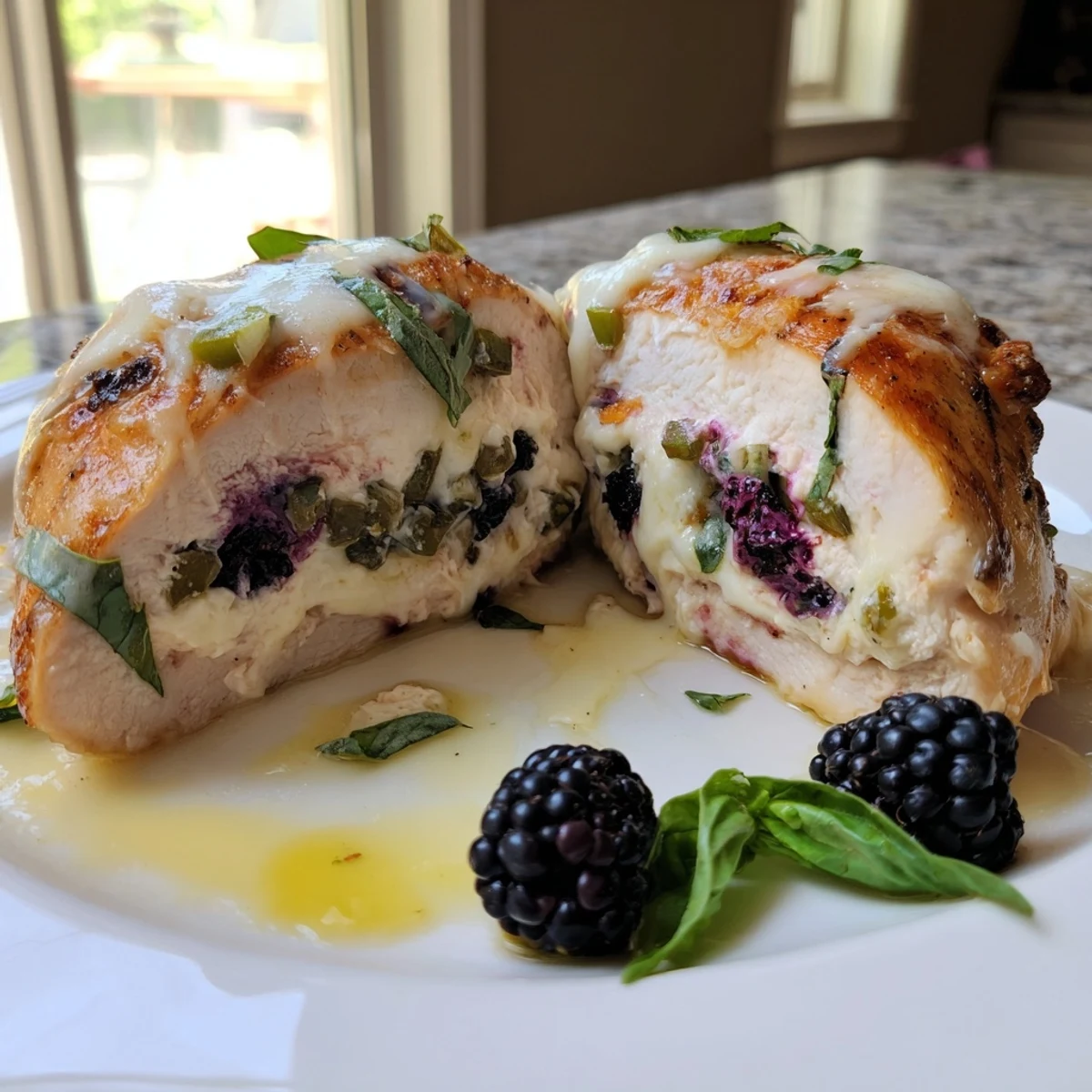 Golden baked blackberry jalapeno stuffed chicken oozing with melted goat cheese