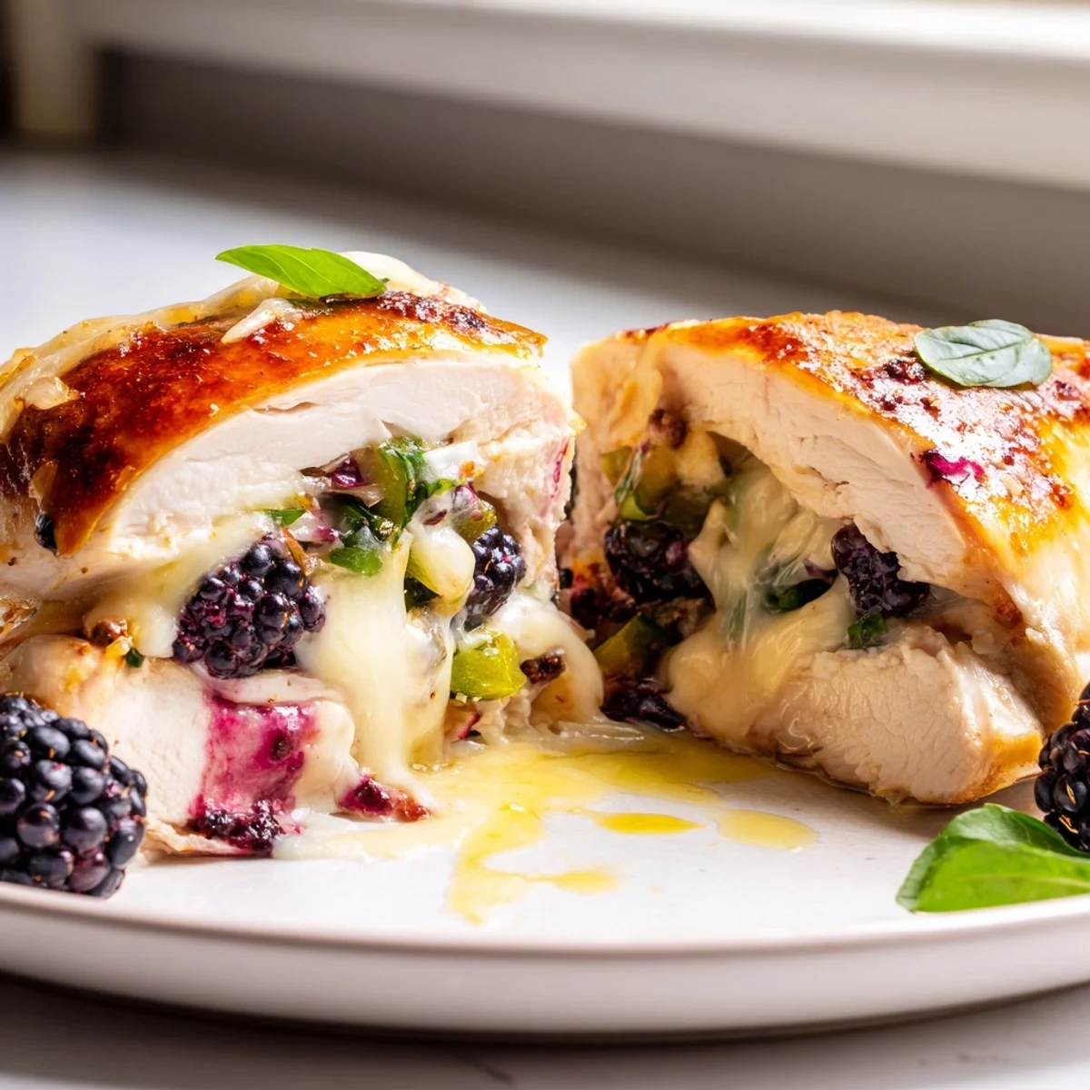 Juicy blackberry jalapeno stuffed chicken sliced open revealing creamy purple filling