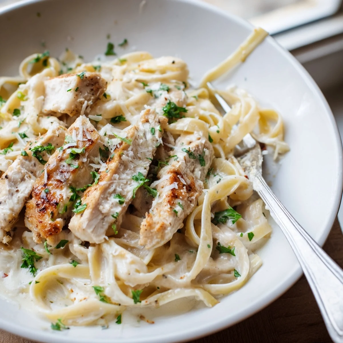 Creamy Garlic Parmesan Chicken Pasta topped with fresh parsley and extra Parmesan