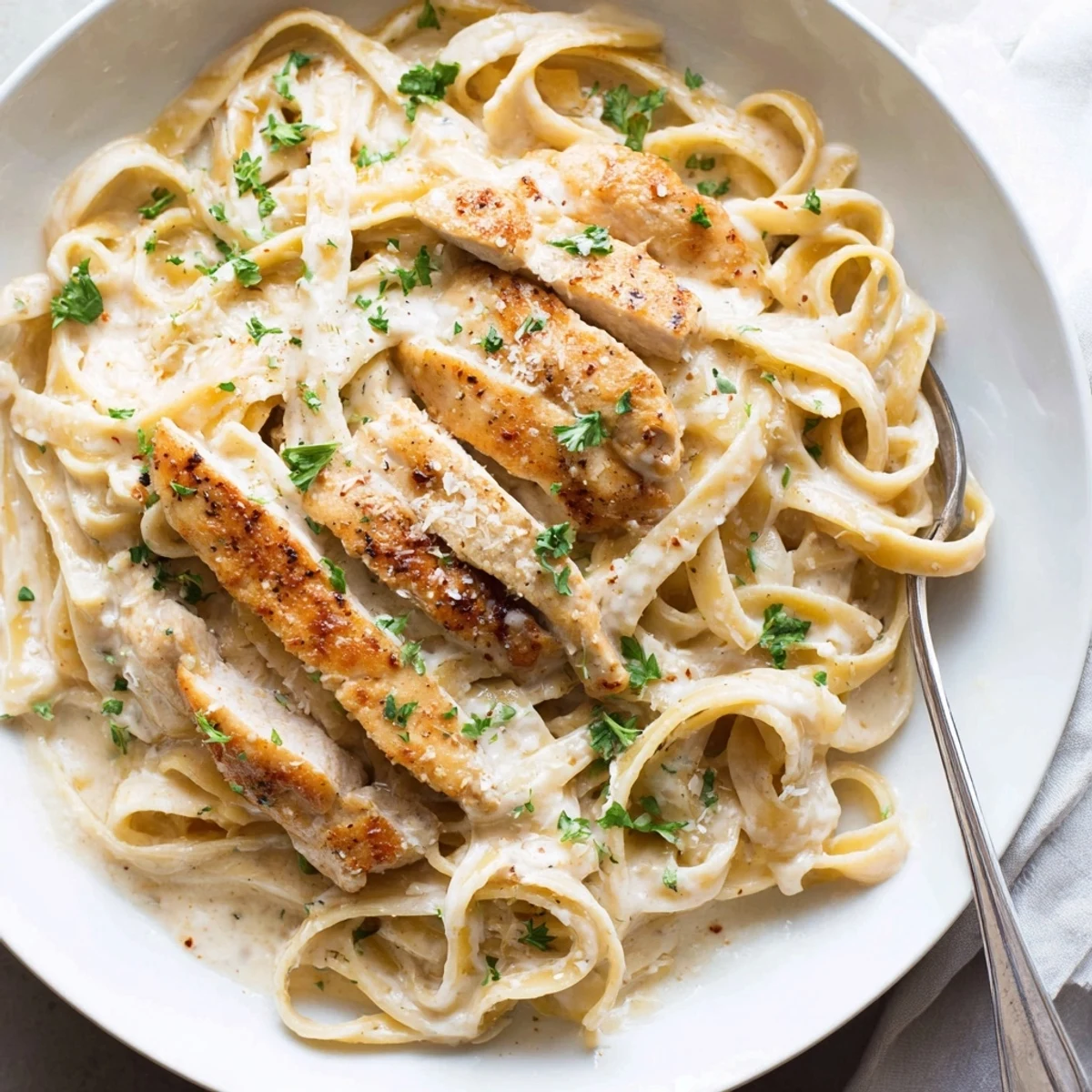 Twirled fettuccine coated in silky Creamy Garlic Parmesan Chicken Pasta sauce on a white plate