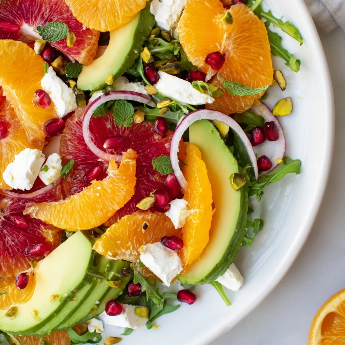 Colorful citrus salad with pomegranate seeds, avocado slices, and crumbled feta on a platter