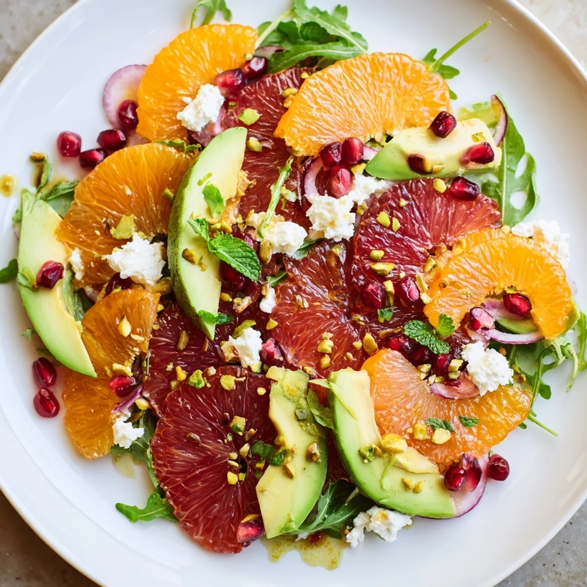 Bright citrus salad topped with jewel-like pomegranate seeds, creamy avocado, and tangy feta