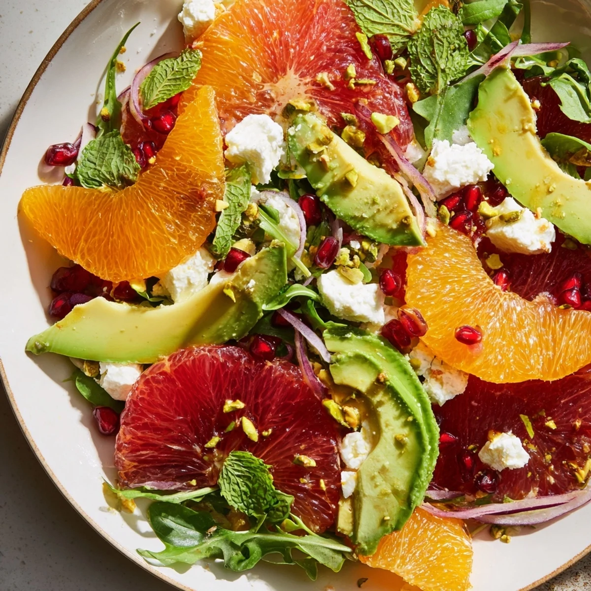 Fresh citrus salad layered over mixed greens with pomegranate, avocado, and feta cheese
