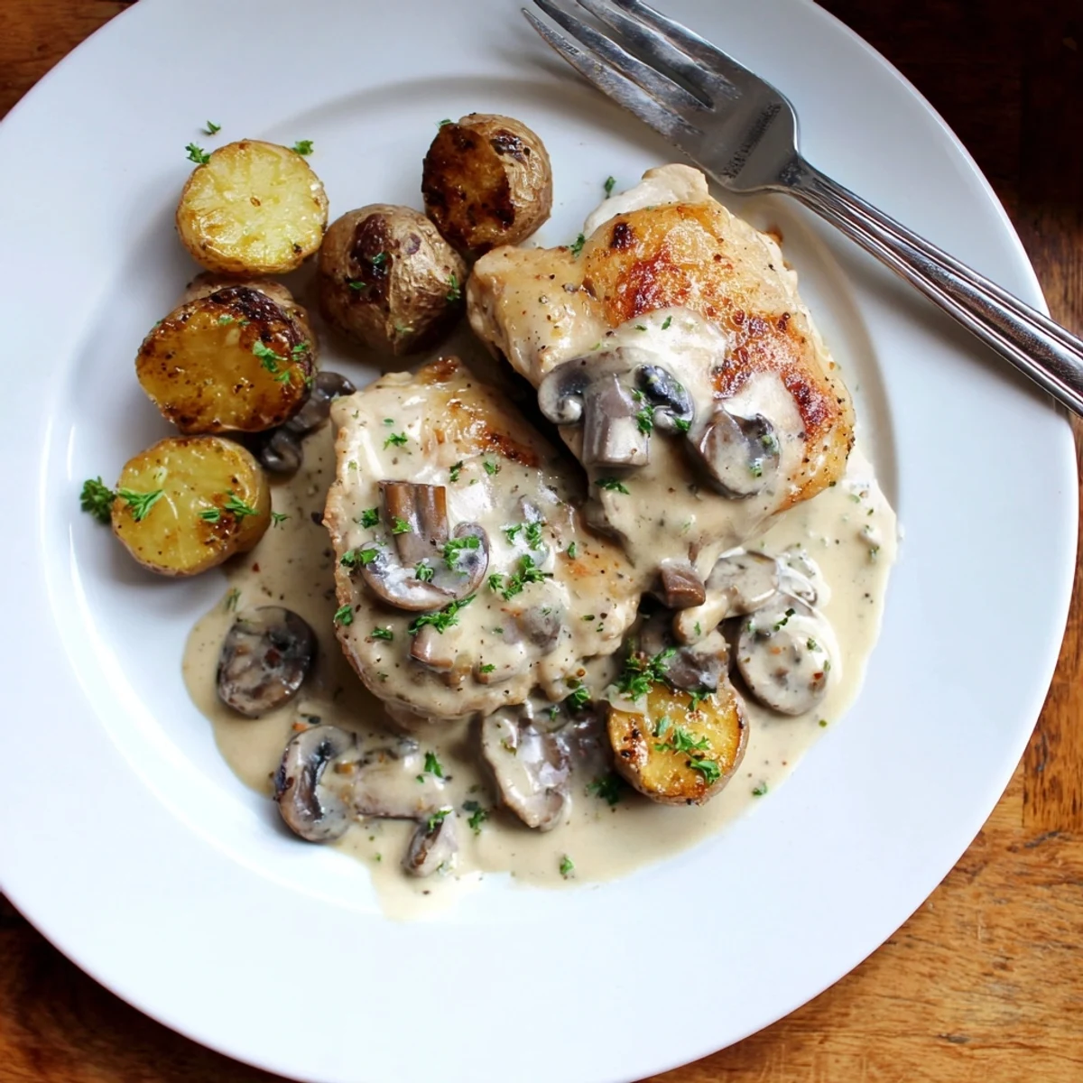 Creamy mushroom chicken smothered in velvety sauce with golden herb potatoes
