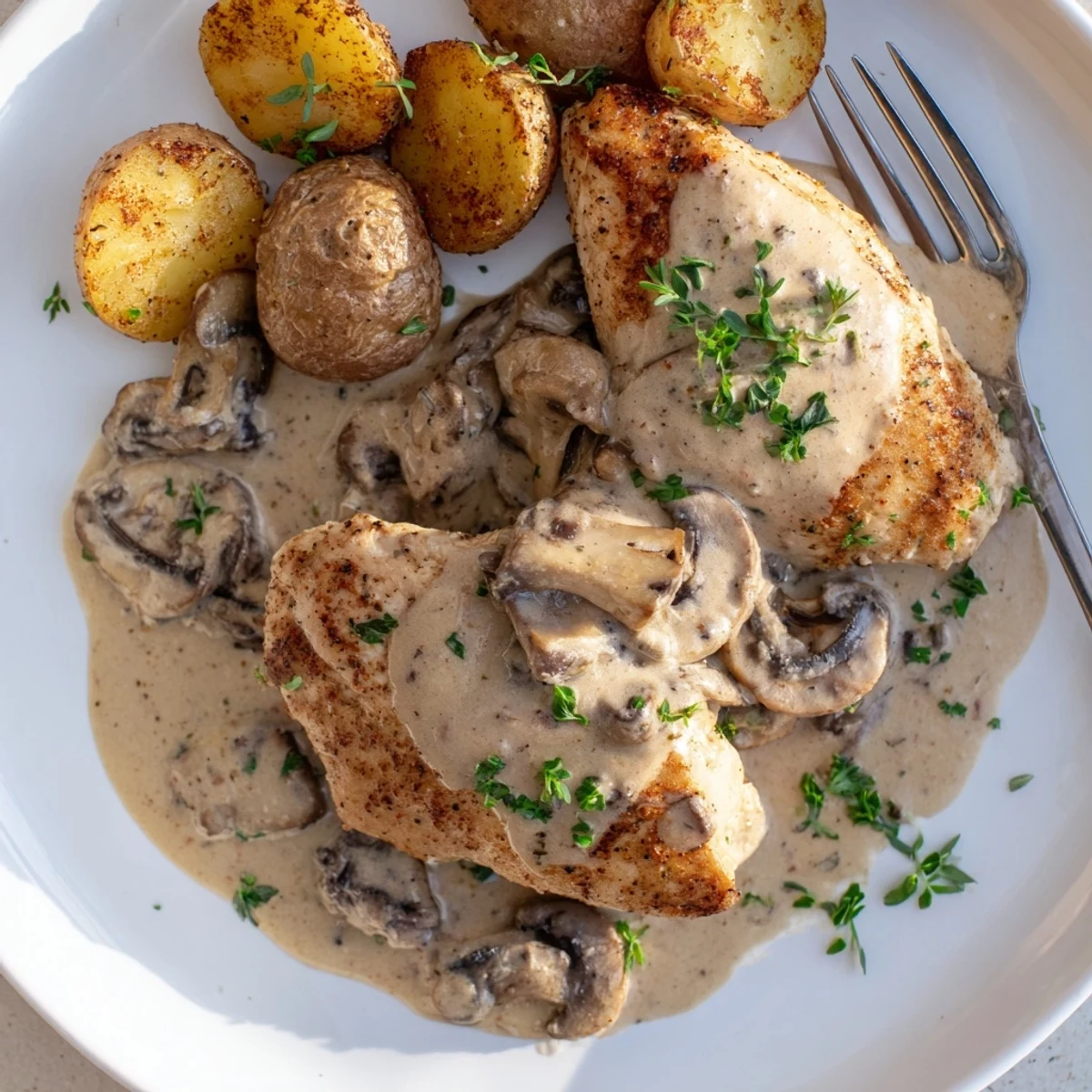Juicy pan-seared creamy mushroom chicken nestled in a rich, garlicky cream sauce
