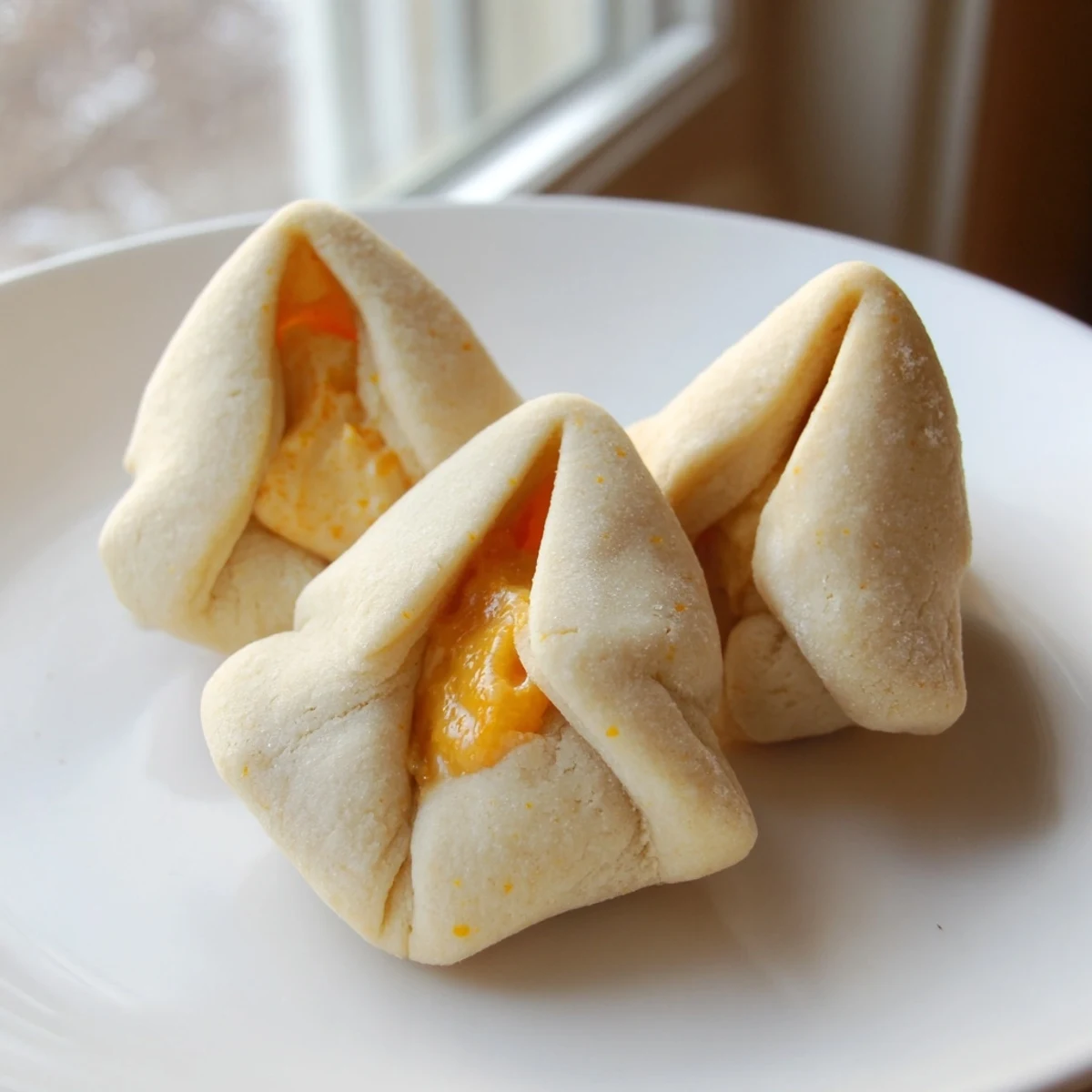 Golden creamsicle hamentaschen fresh from the oven with creamy orange filling peeking through triangular cookie folds.