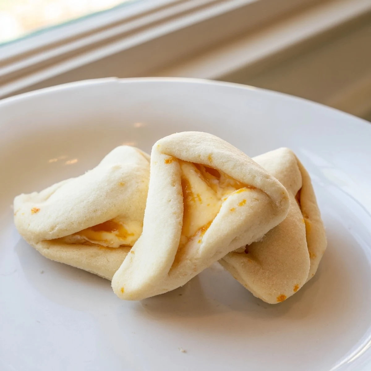 Soft creamsicle hamentaschen dusted with sugar on a rustic parchment-lined baking sheet ready for Purim.