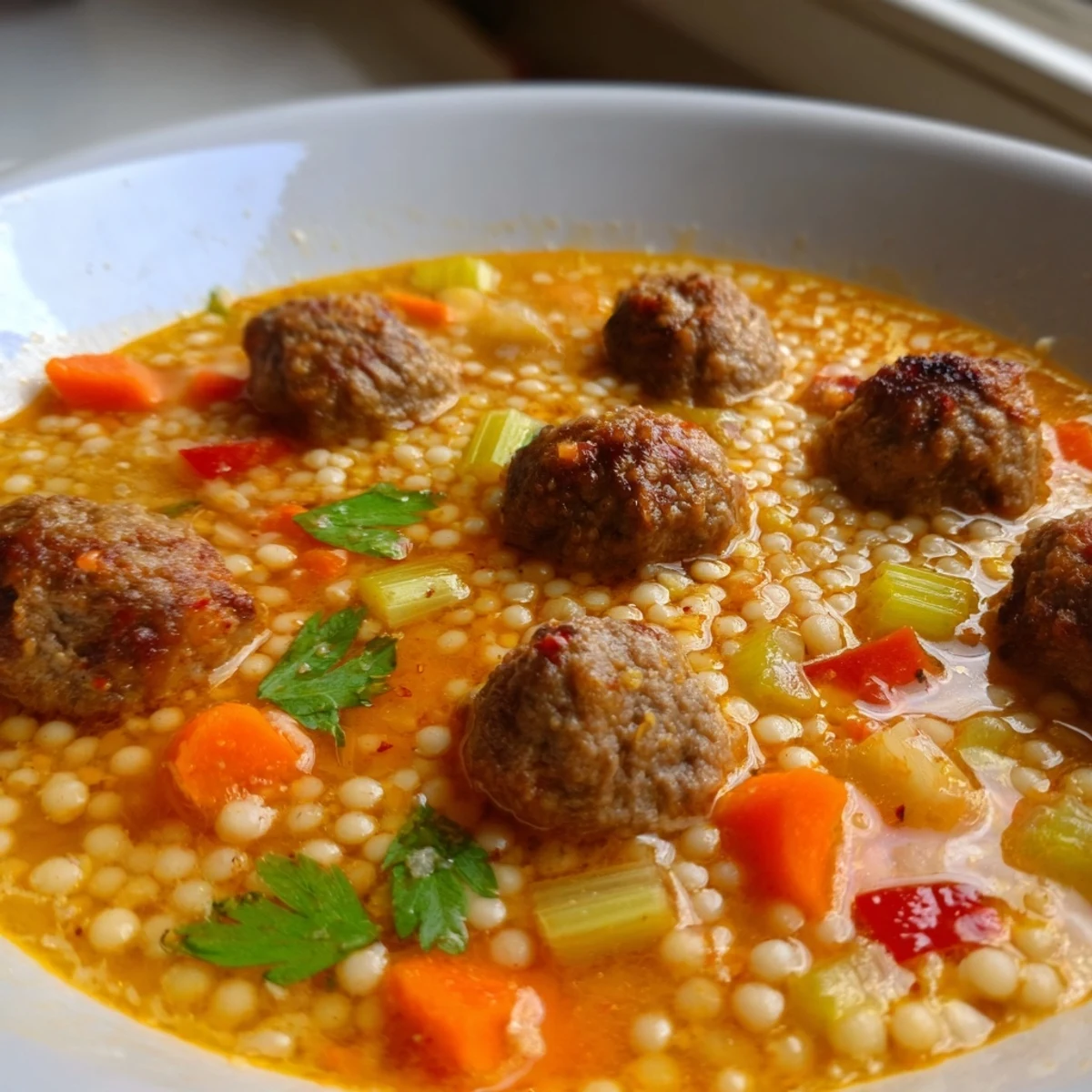 Steaming bowl of mini Moroccan meatball couscous soup topped with fresh herbs