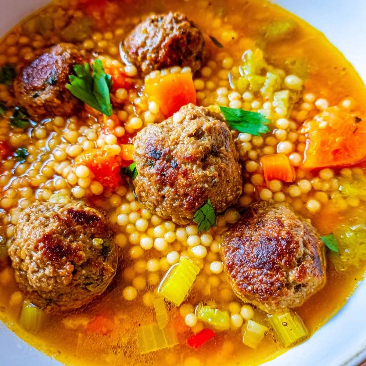 Golden mini Moroccan meatball couscous soup with tender vegetables in spiced broth