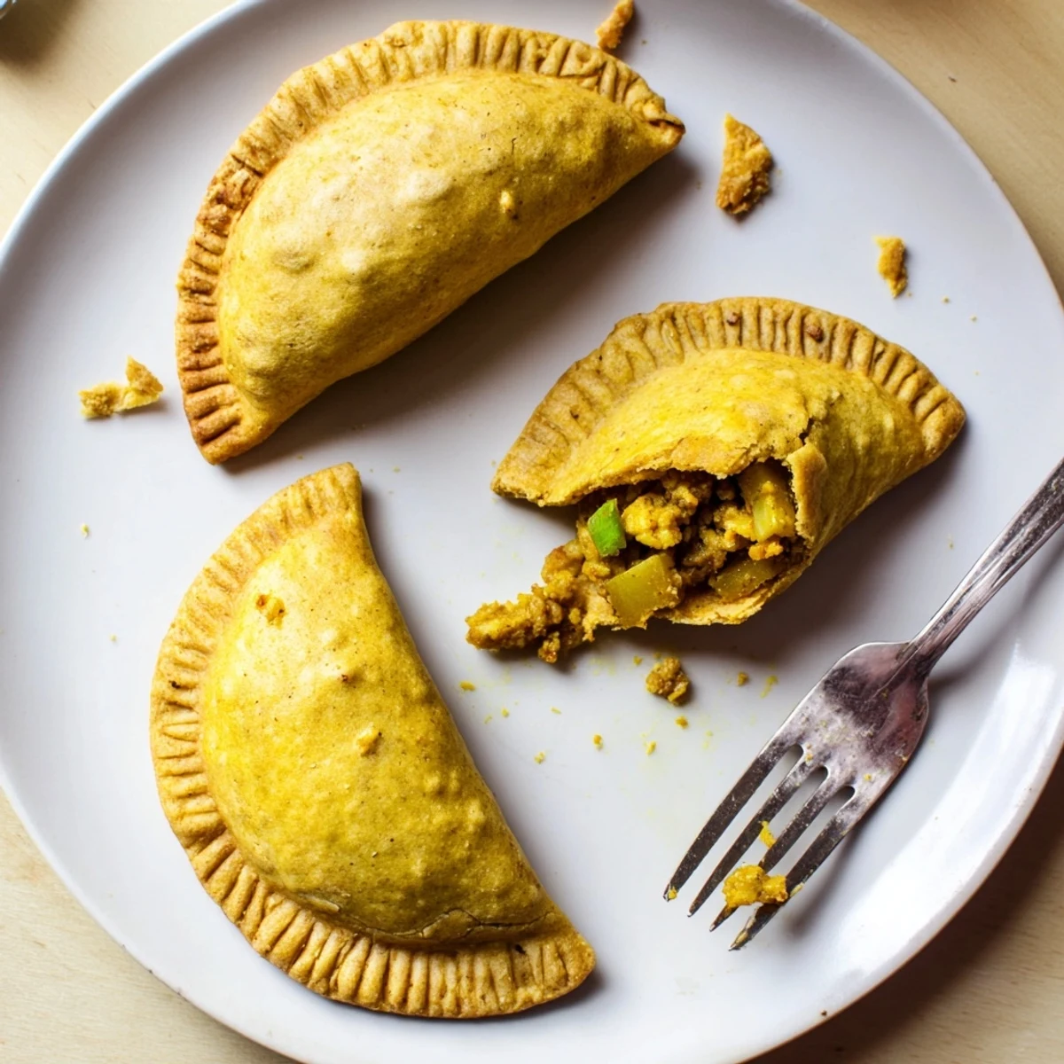 Golden flaky Jamaican curry chicken patties fresh from the oven on parchment paper