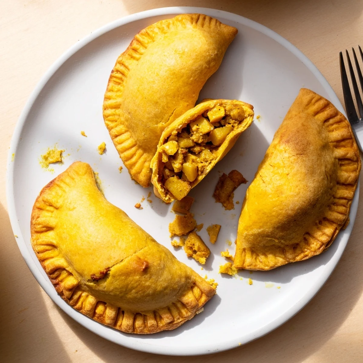 Platter of warm Jamaican curry chicken patties served alongside mango chutney and fresh salad greens
