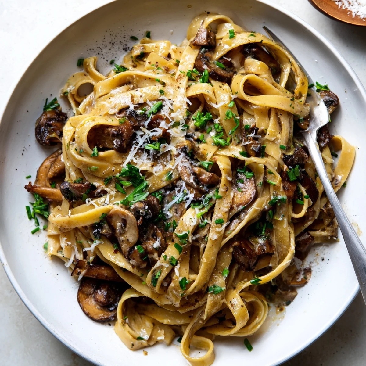 Creamy brown butter mushroom pasta topped with fresh parsley and shaved parmesan cheese