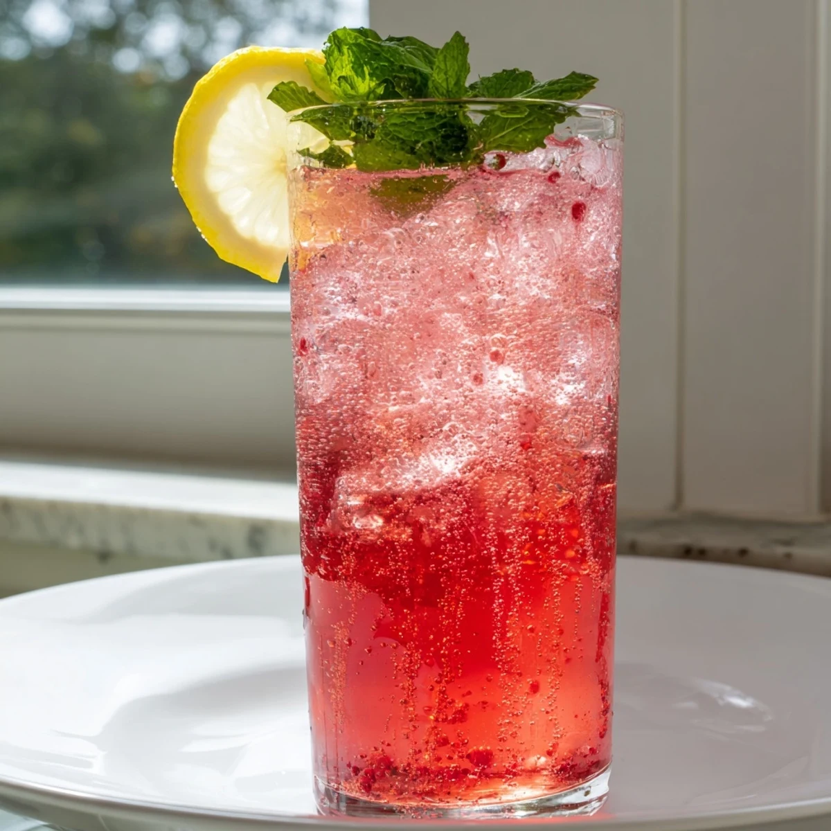 Sparkling honey lemon pink soda served in ice-filled glasses with fresh mint garnish