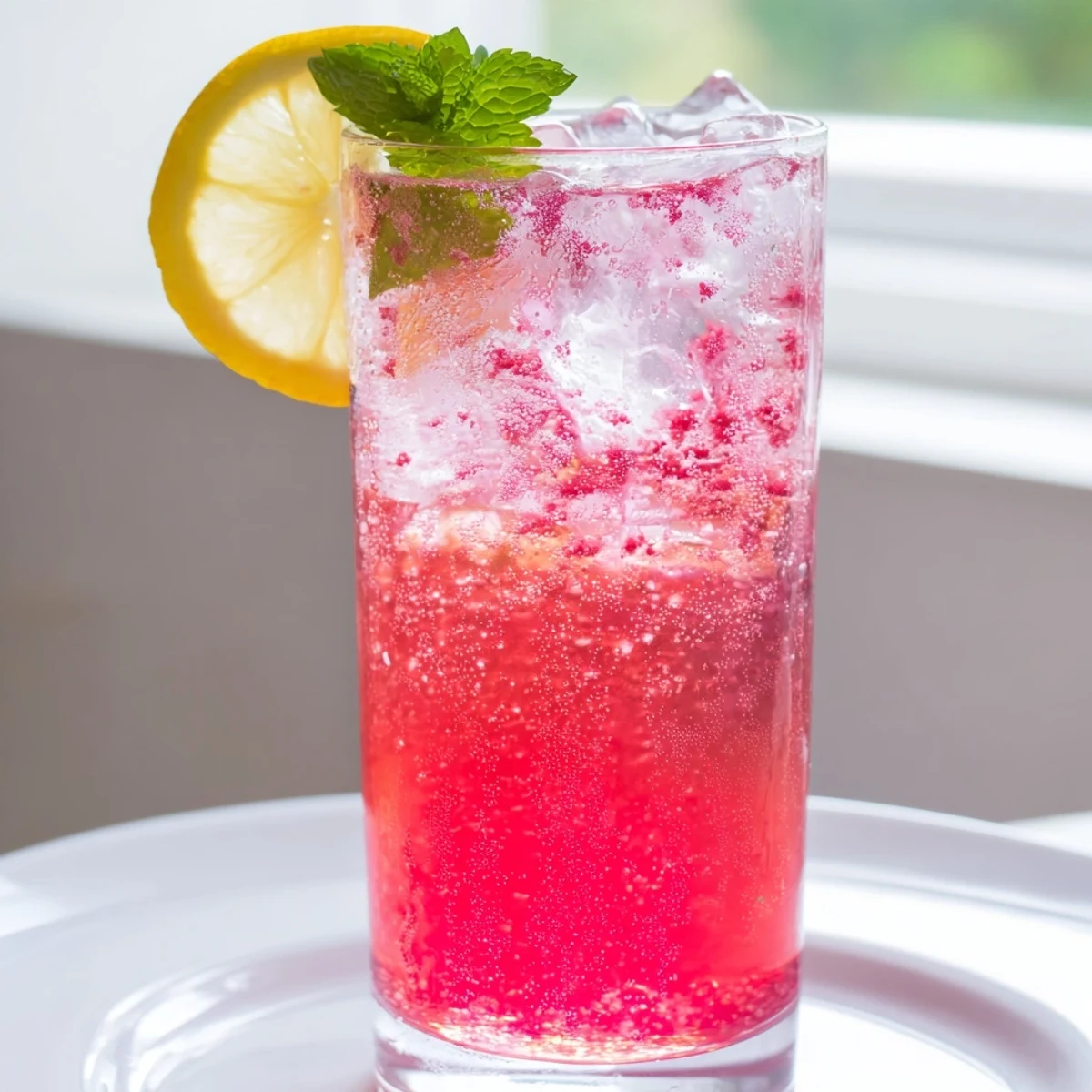 Bubbly honey lemon pink soda topped with lemon slices and raspberries on a summer table