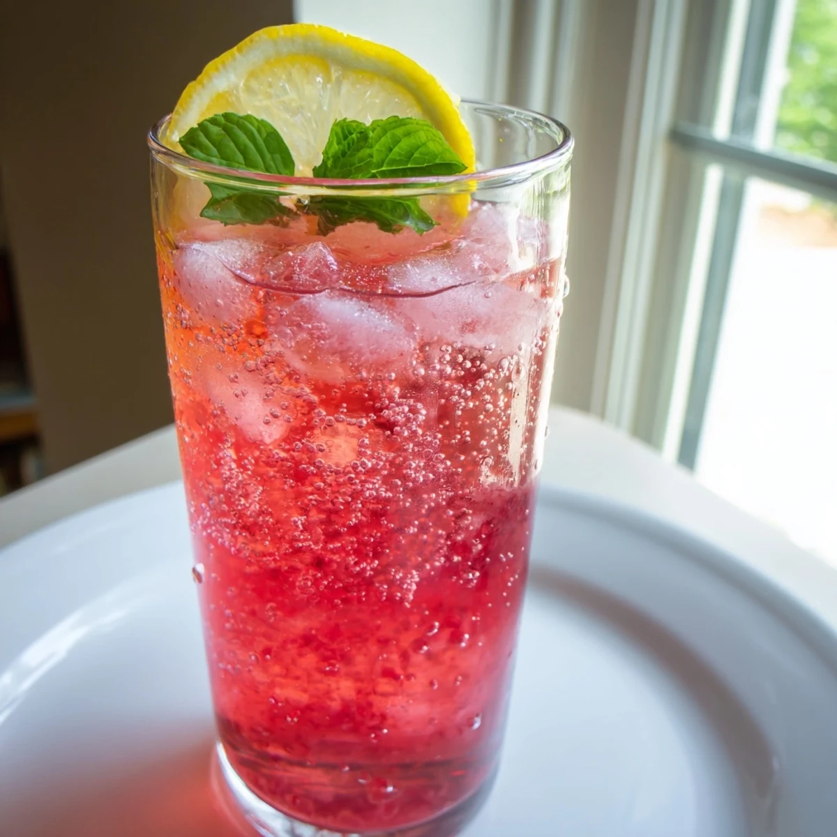 Refreshing honey lemon pink soda in a tall glass, garnished with mint and citrus wedges